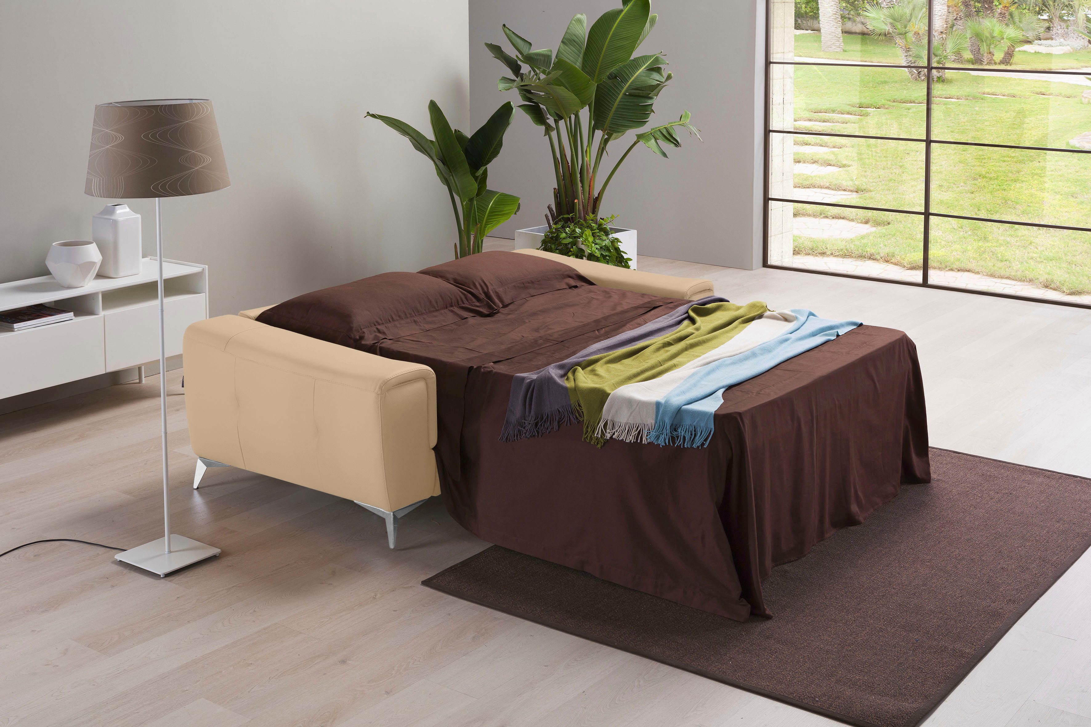 Egoitaliano Schlafsofa Francine Designsofa, Loungesofa mit Dauerschlaffunktion, Breite 233 cm, mit Bettfunktion, Leder BULL, champagner, Fußfarbe chrom