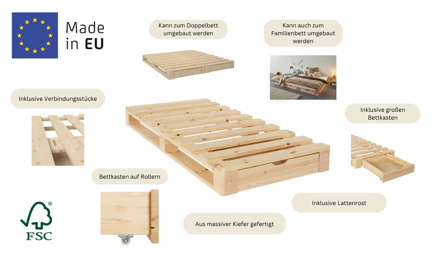 OTTO home Palettenbett "ALASCO " Mit Schublade, zertifiziertes Massivholz, erweiterbar zum Doppel- oder Familienbett