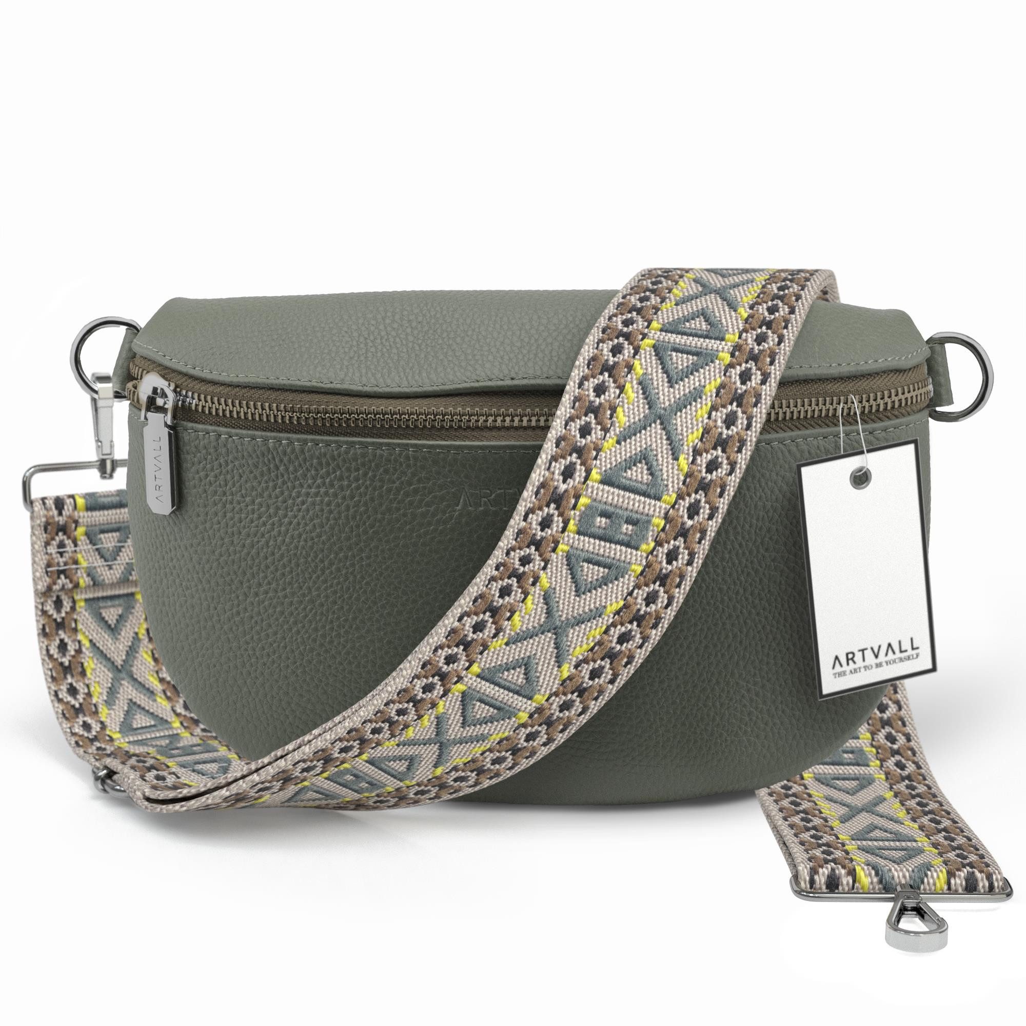 ARTVALL Umhängetasche Echtleder Handtasche Damen Brusttasche Grau Grün (Tasche inkl. Taschenband), Leder Bauchtasche klein breiter Schulterriemen abnehmbarer Taschengurt