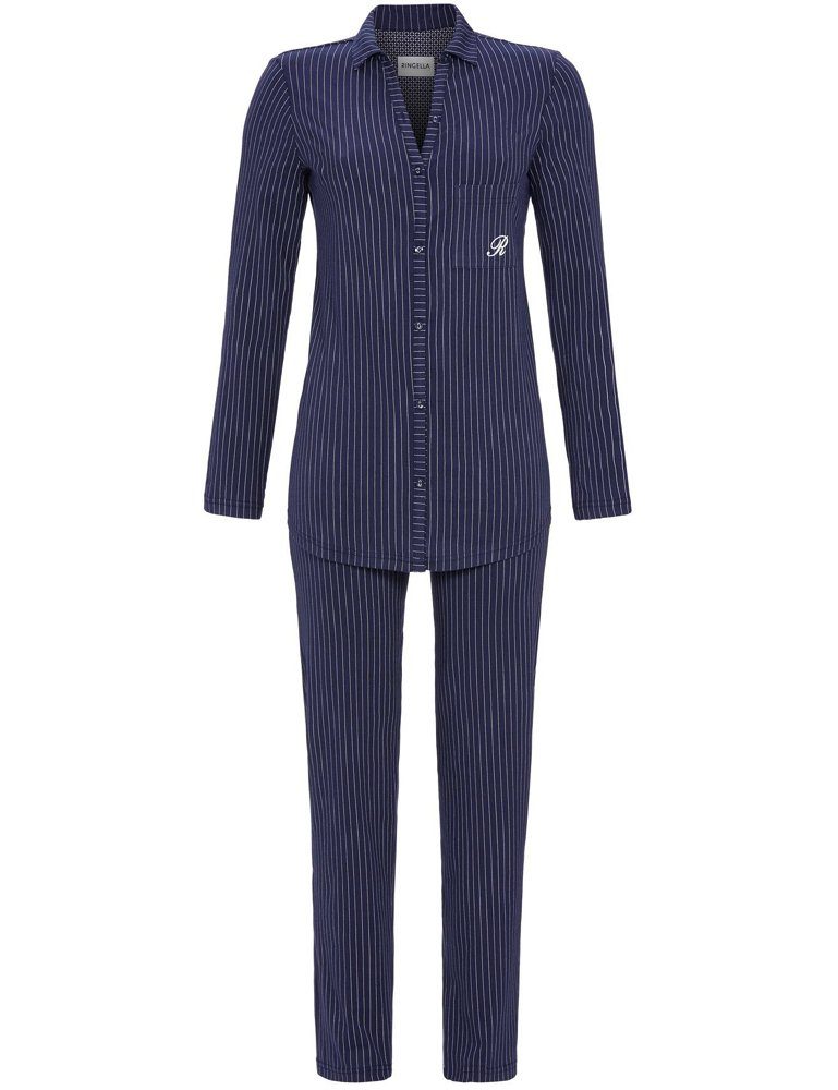 Ringella Pyjama »Klassischer Damen Schlafanzug, 1511216 - Marineblau,  Sportliche Nachtwäsche Kragen Streifen Boyfriend Style« online kaufen | OTTO