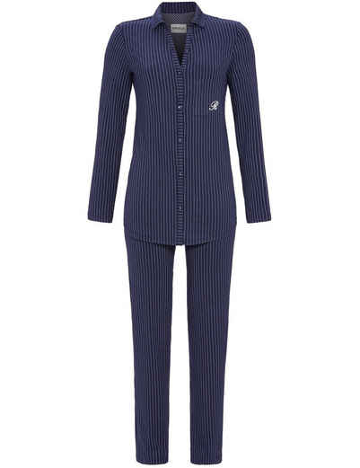 Ringella Pyjama Klassischer Damen Schlafanzug, 1511216 - Marineblau, Sportliche Nachtwäsche Kragen Streifen Boyfriend Style