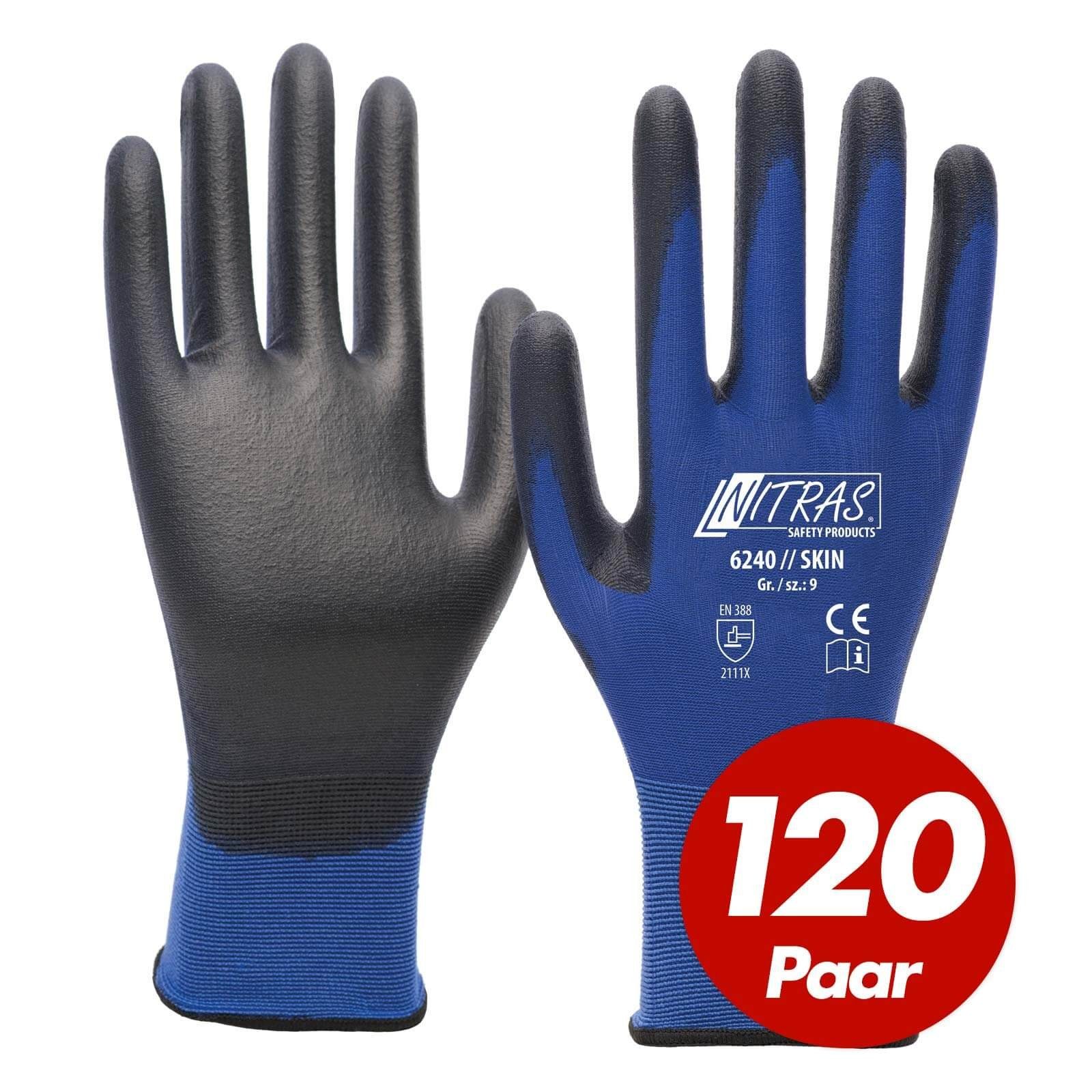 Nitras Nitril-Handschuhe NITRAS 6240 Skin Nylon-Strickhandschuhe, PU-Beschichtung - 120 Paar (Spar-Set) blau