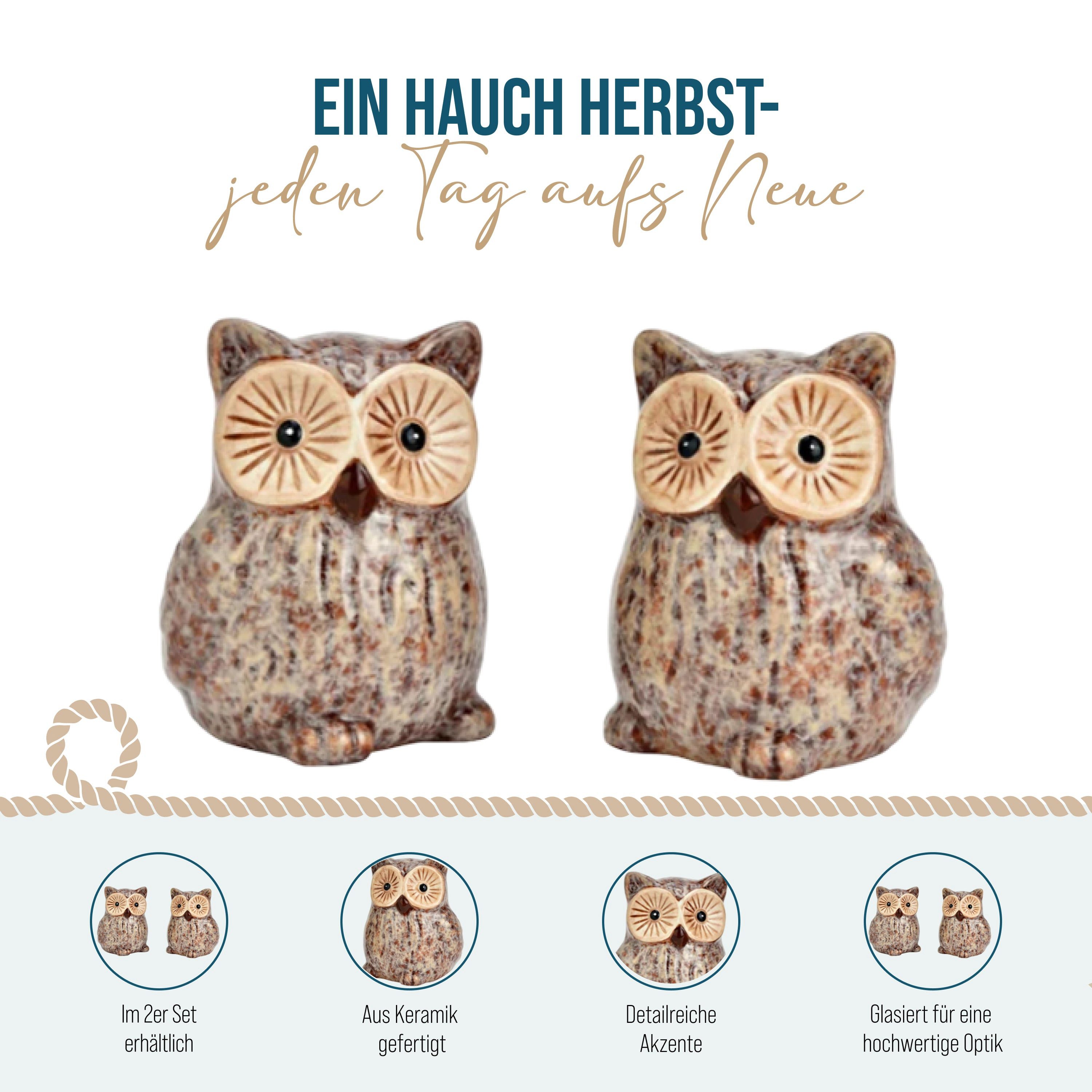 Logbuch-Verlag Dekofigur 2er Set Eulen aus Keramik – Herbstdeko in Braun und Beige – Bild 3 von 5