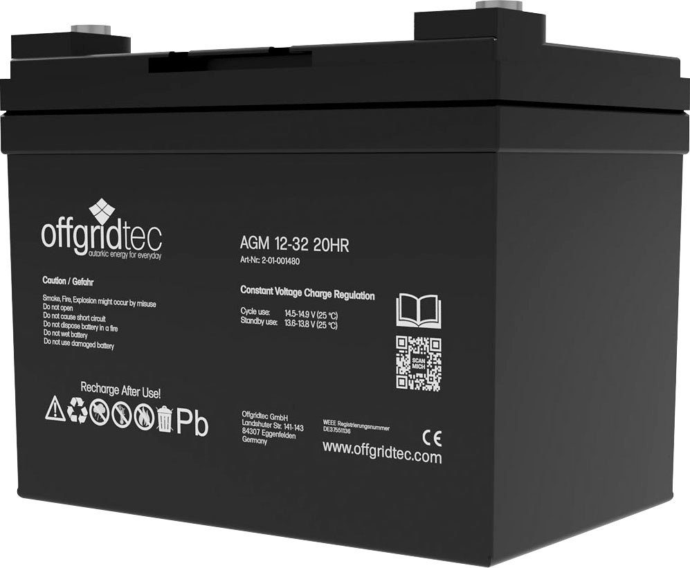 offgridtec AGM-Batterie 12V/32Ah 20HR Akku (12 V), Solar Batterie Akku Extrem zyklenfest