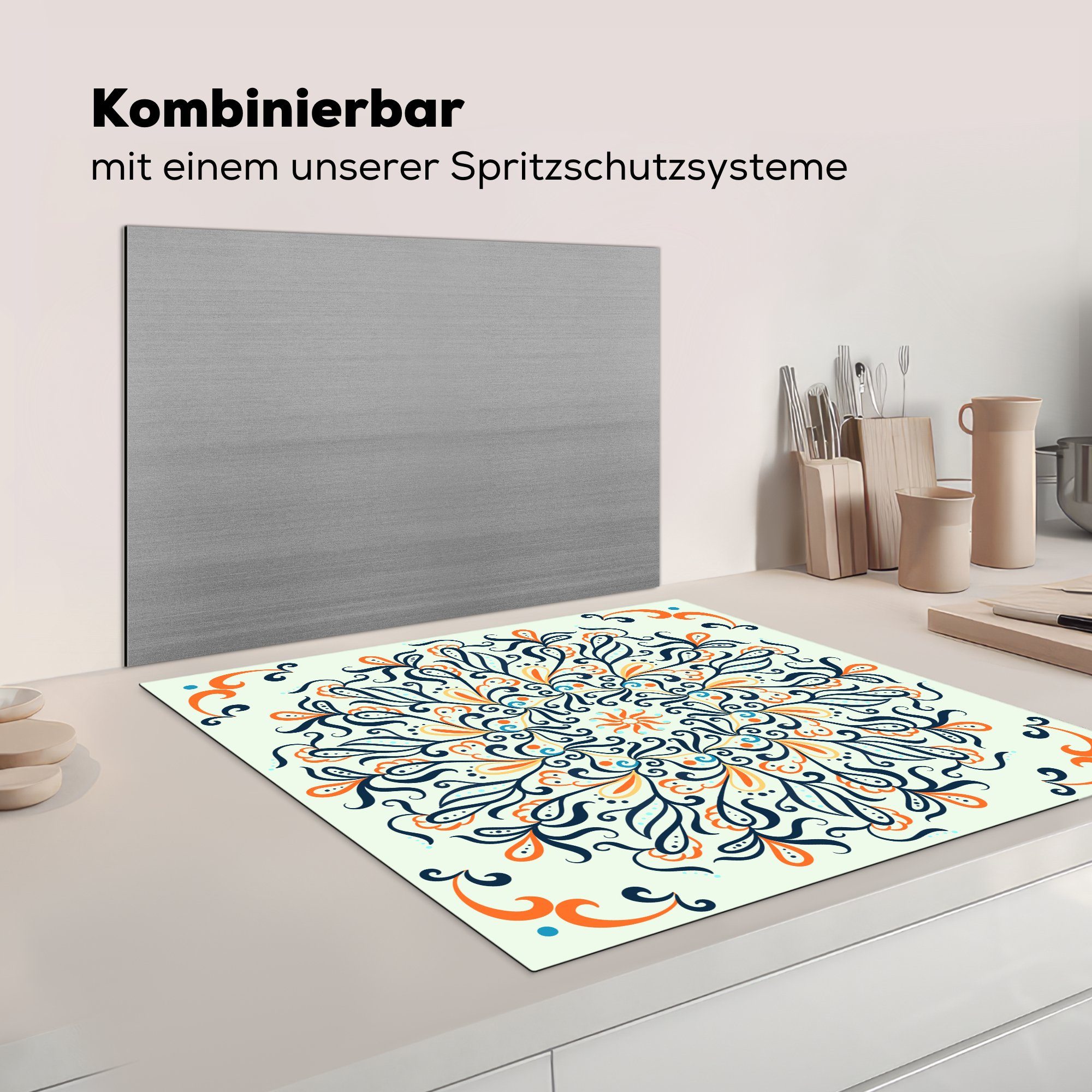 Vinyl, für tlg), - Arbeitsplatte Herdblende-/Abdeckplatte Linie Quadrat, küche cm, 78x78 Mandala MuchoWow (1 Ceranfeldabdeckung, -