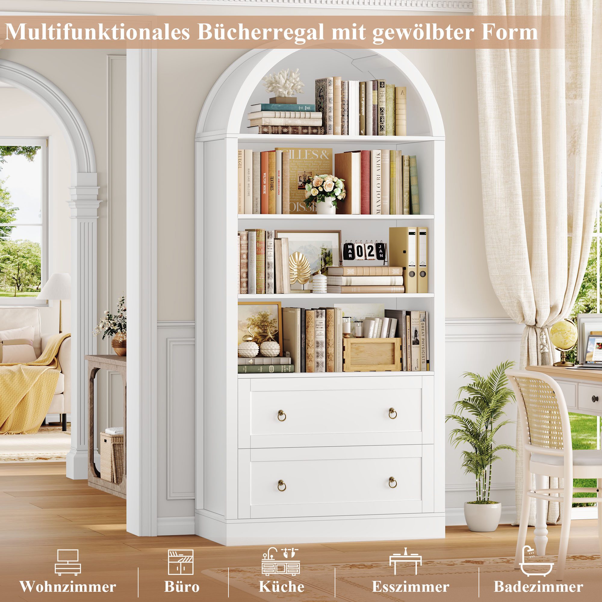 Homfa Bücherregal gewölbter Bücherschrank mit 2 Schubladen, Standregal mit 8 offenen Fächern Büroregal Holz 177x79,5x36cm – Bild 5 von 5
