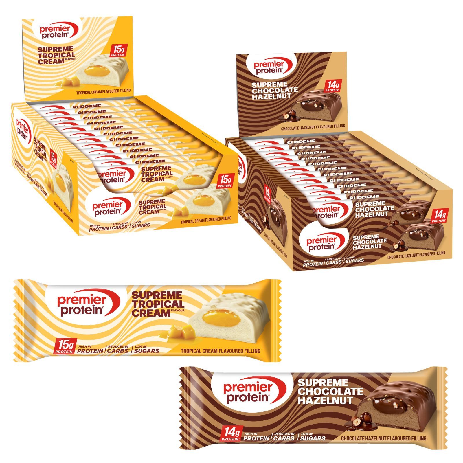 Premier Protein 24x 42g Supreme Bar Tropical Cream Chocolate Hazelnut MIX Riegel, 1008 g