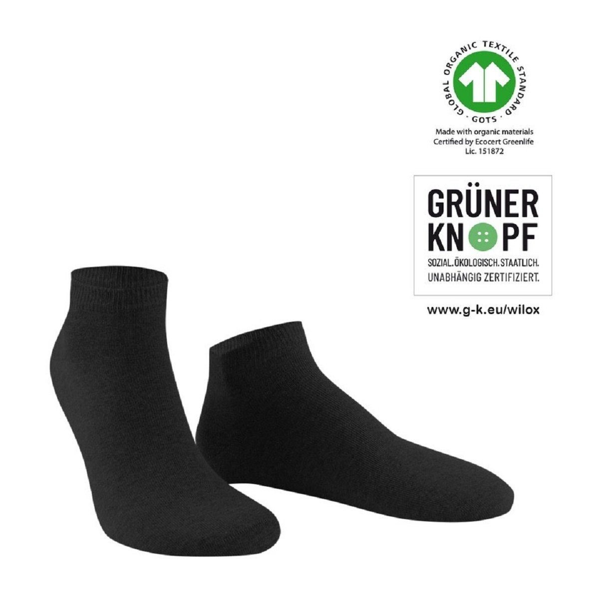 Wilox Kurzsocken Sneaker Schwarz Baumwolle Bio (1-Paar) hautsympathischer BIO Socke aus Baumwolle