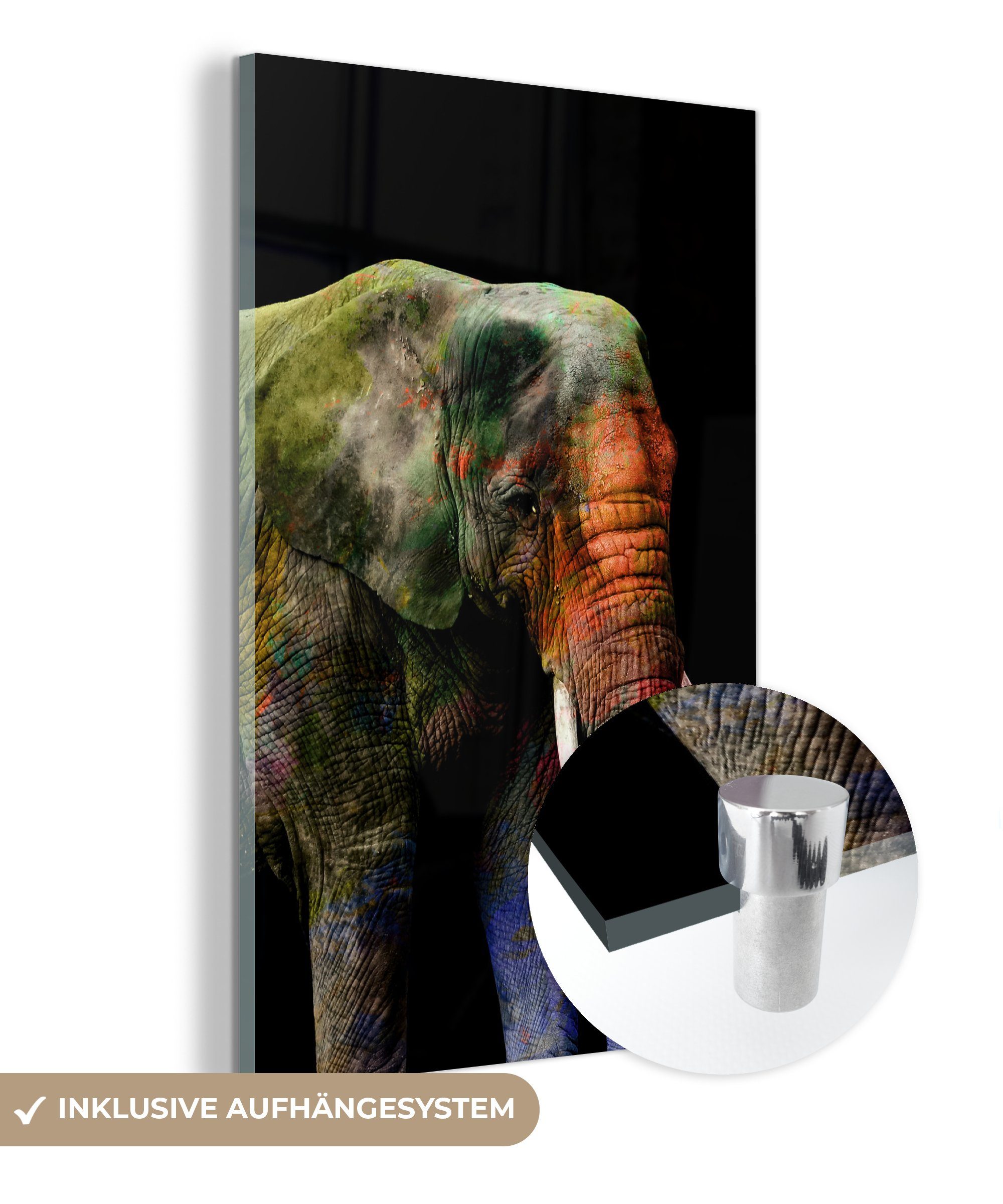 MuchoWow Acrylglasbild Elefant - Farbe - Schwarz, (1 St), Glasbilder - Bilder auf Glas Wandbild - Foto auf Glas - Wanddekoration bunt