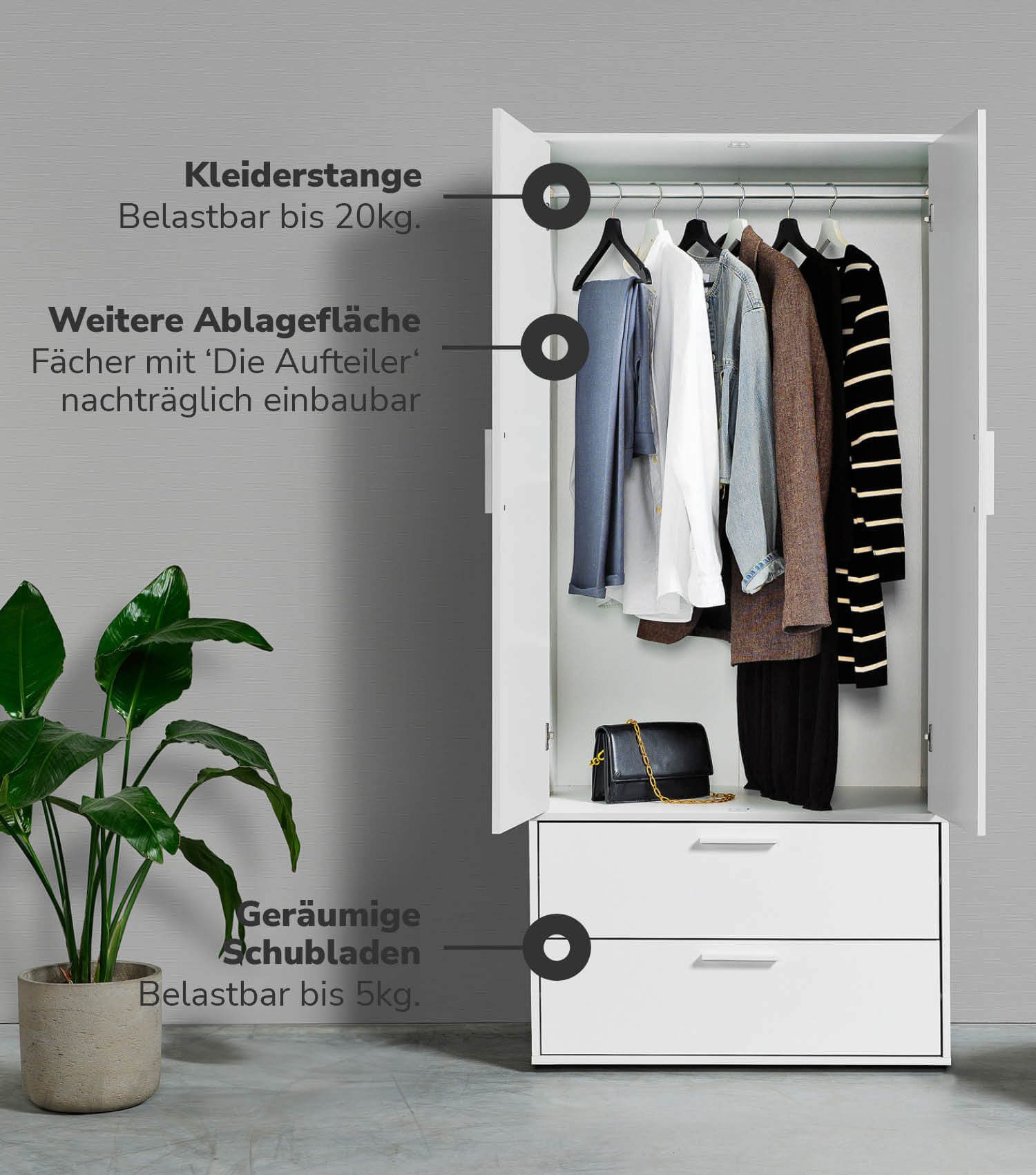 mokebo Kleiderschrank Der Kleiderheld (80x180x51 cm, 2-türig & 2 Schubladen) Garderobenschrank, Schlafzimmerschrank oder Schrank in Weiß