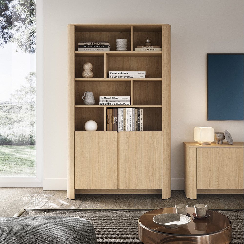 Lomadox Bücherregal BRUNNEN-160, Eiche Nb., grifflos, 2 Türen, 8 offene Fächer, 103 cm breit