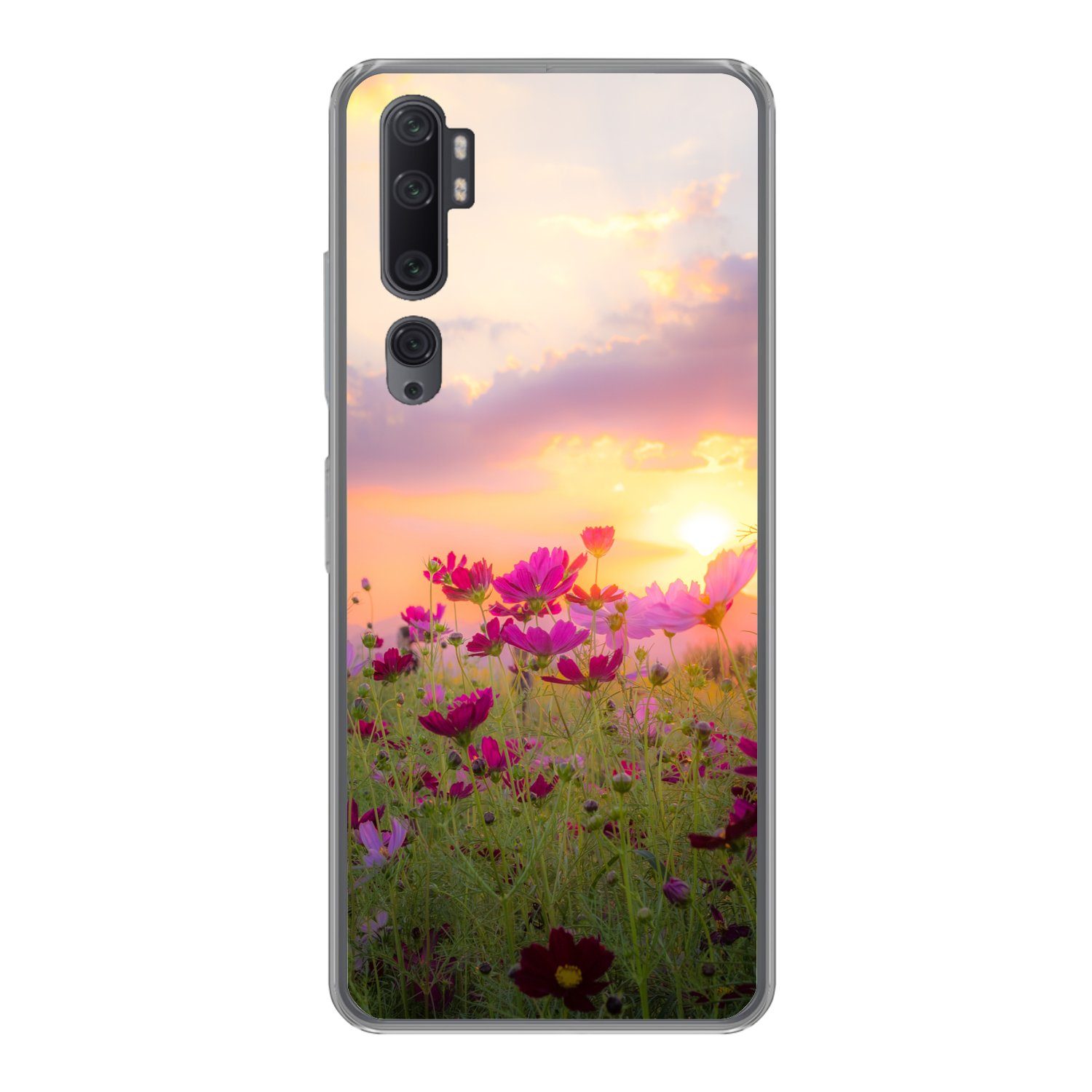 MuchoWow Handyhülle für Xiaomi Mi Note 10 Sonnenuntergang - Blumen - Rosa - Natur - Grün