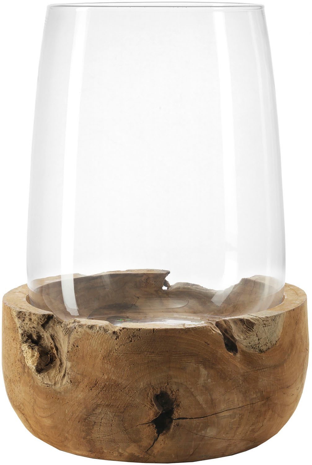 LEONARDO Windlicht Kerzenhalter TERRA, mit Teaksockel, für Stumpenkerzen (1 St), aus Glas und Holz, Höhe ca. 45 cm