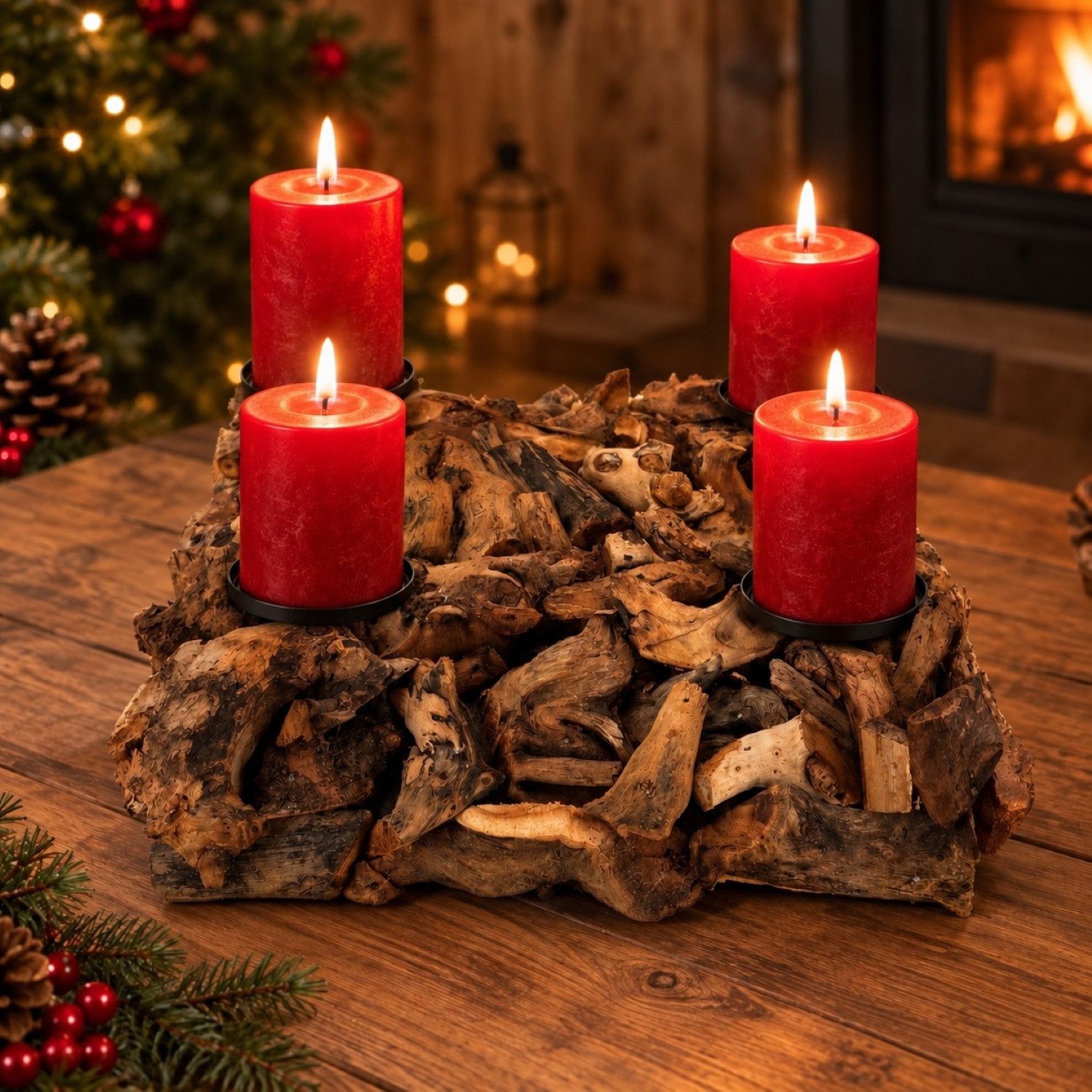 Online-Fuchs Adventskranz für Stumpenkerzen im natürlich Treibholz Look, eckig - Weihnachtsdeko, für eine warme und rustikale Atmosphäre in der Adventszeit