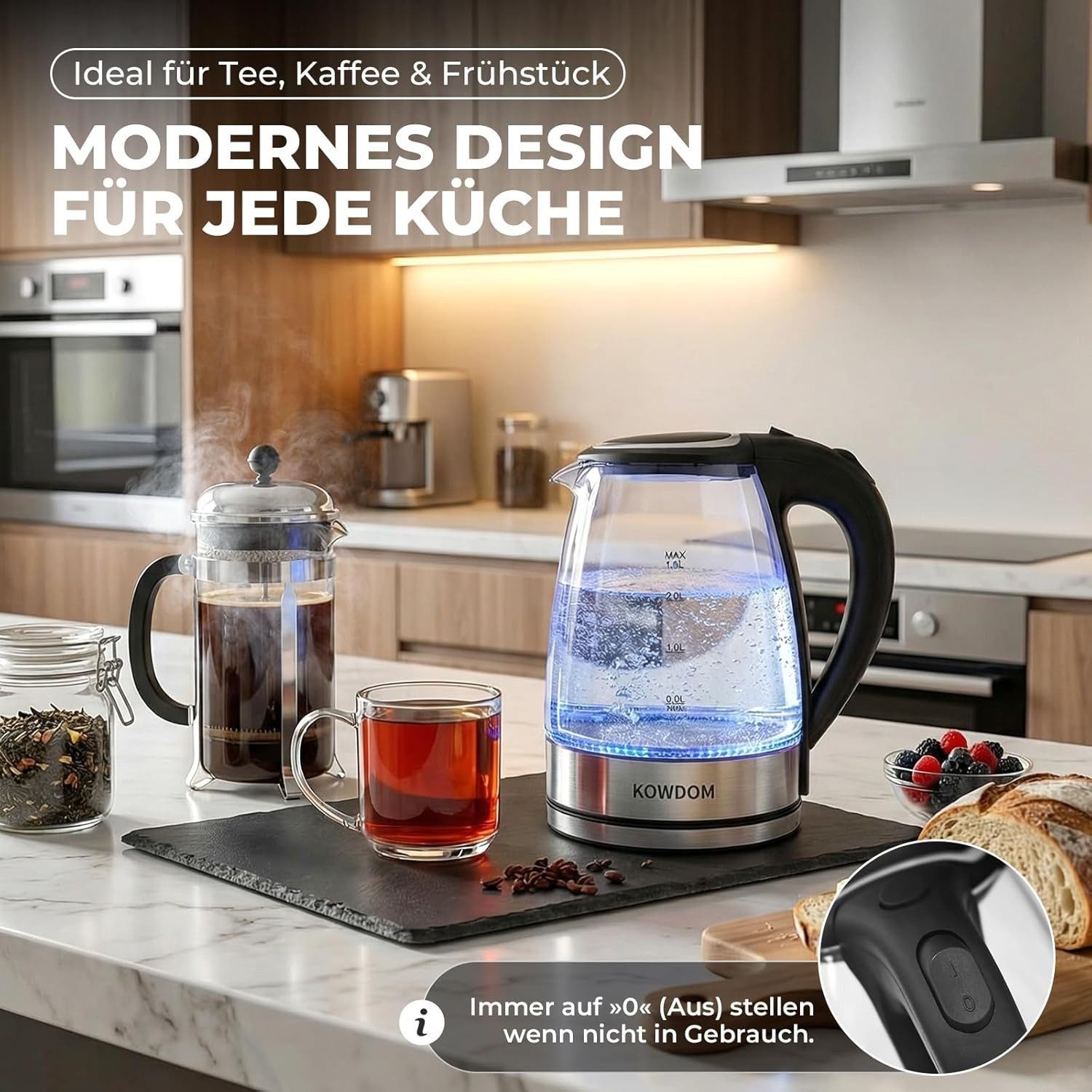kowdom Wasserkocher Wasserkocher Glas 1,8L 2200W BPA-frei LED automatische Abschaltung, 2200 W, Borosilikatglas, BPA-frei, automatische Abschaltung, 2200W