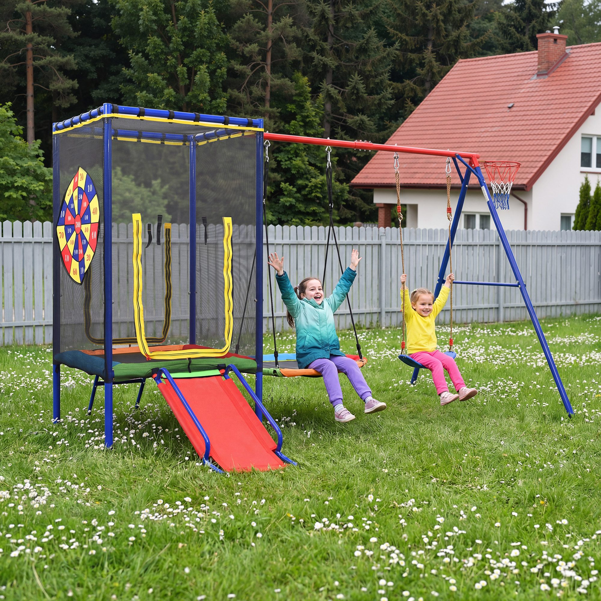 Merax Spielzeug-Gartenset Spielturm Kinder Spielplatz mit Sicherheitsnetz Nestschaukel, 5-in-1 Spielgerät mit Trampolin Rutsche Doppelschaukel Basketballkorb