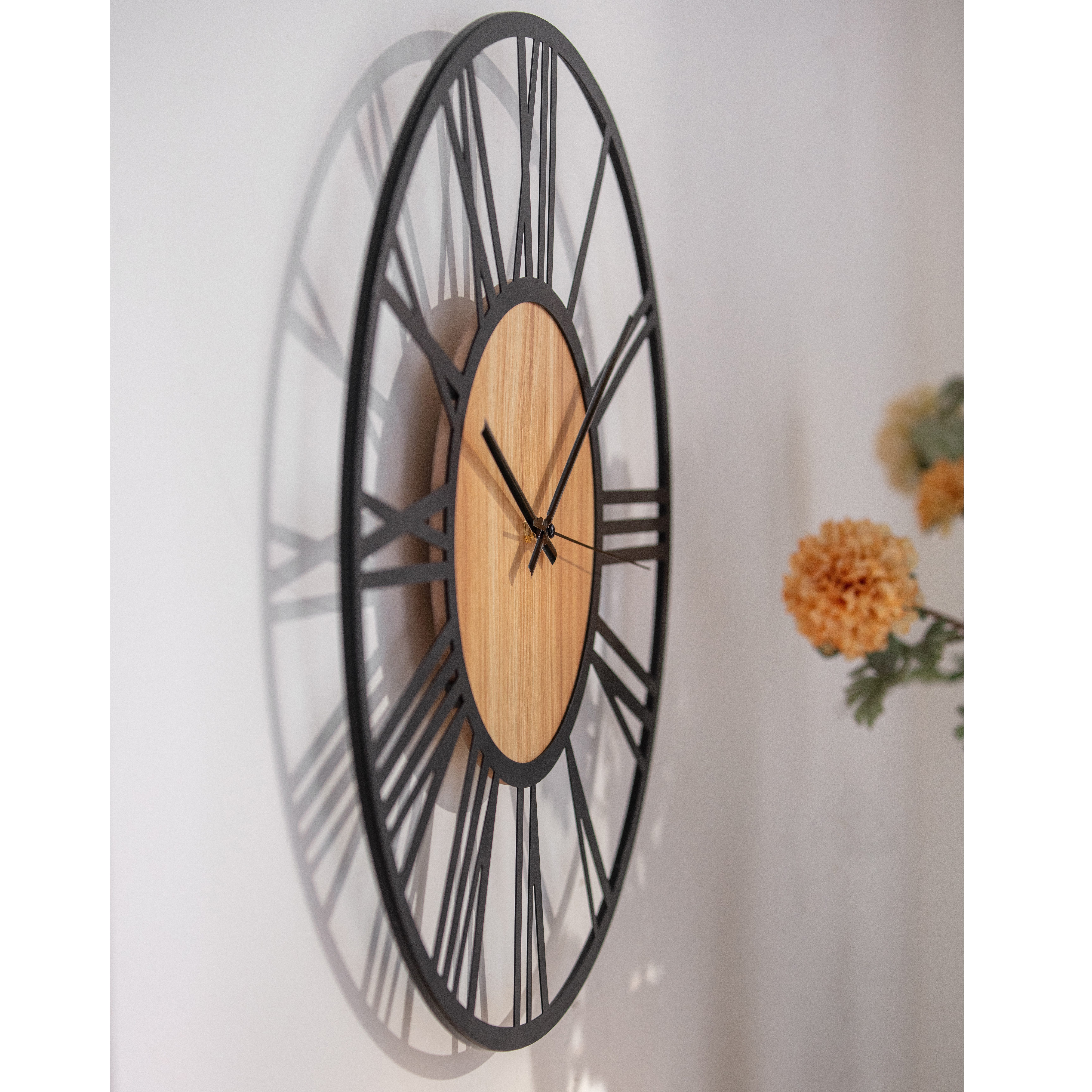 K&L Wall Art Wanduhr industrielle XL Holz-Metall Uhr ohne Tick-Geräusche (leises Quartz Uhrwerk)