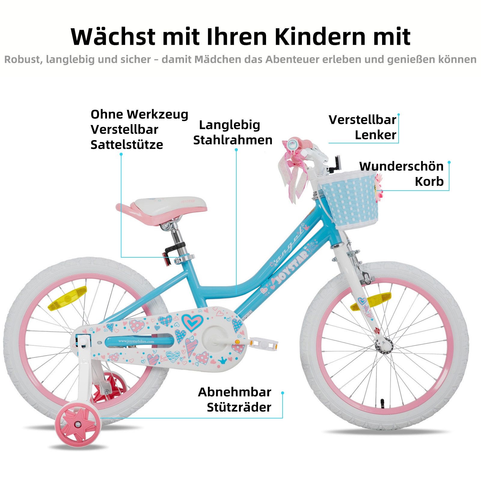 JOYSTAR Kinderfahrrad 12 14 16 18 Zoll Mädchenfahrrad, 3 - 9 Jahre,Geschenk für Prinzessin, 1 Gang, Mit Hilfsrädern, farbigen Bändern, Korb, Reflektor, Kettenabdeckung
