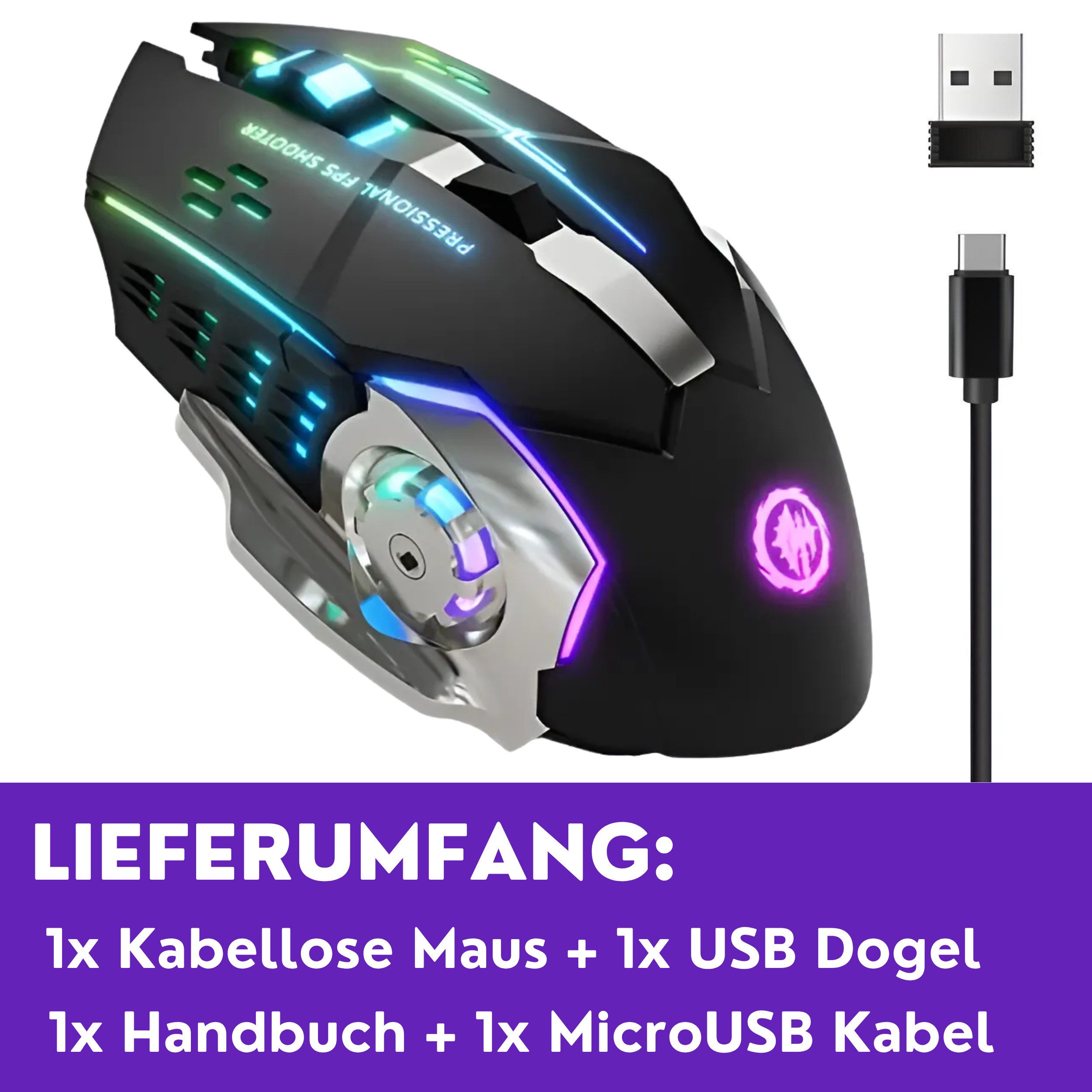 S&T Design Gaming Maus Kabellos RGB Wireless USB Gaming-Maus (Funk, 2400 dpi, Plug & Play 7 Tasten Extrem Leise Schwarz Weiss) – Bild 5 von 5