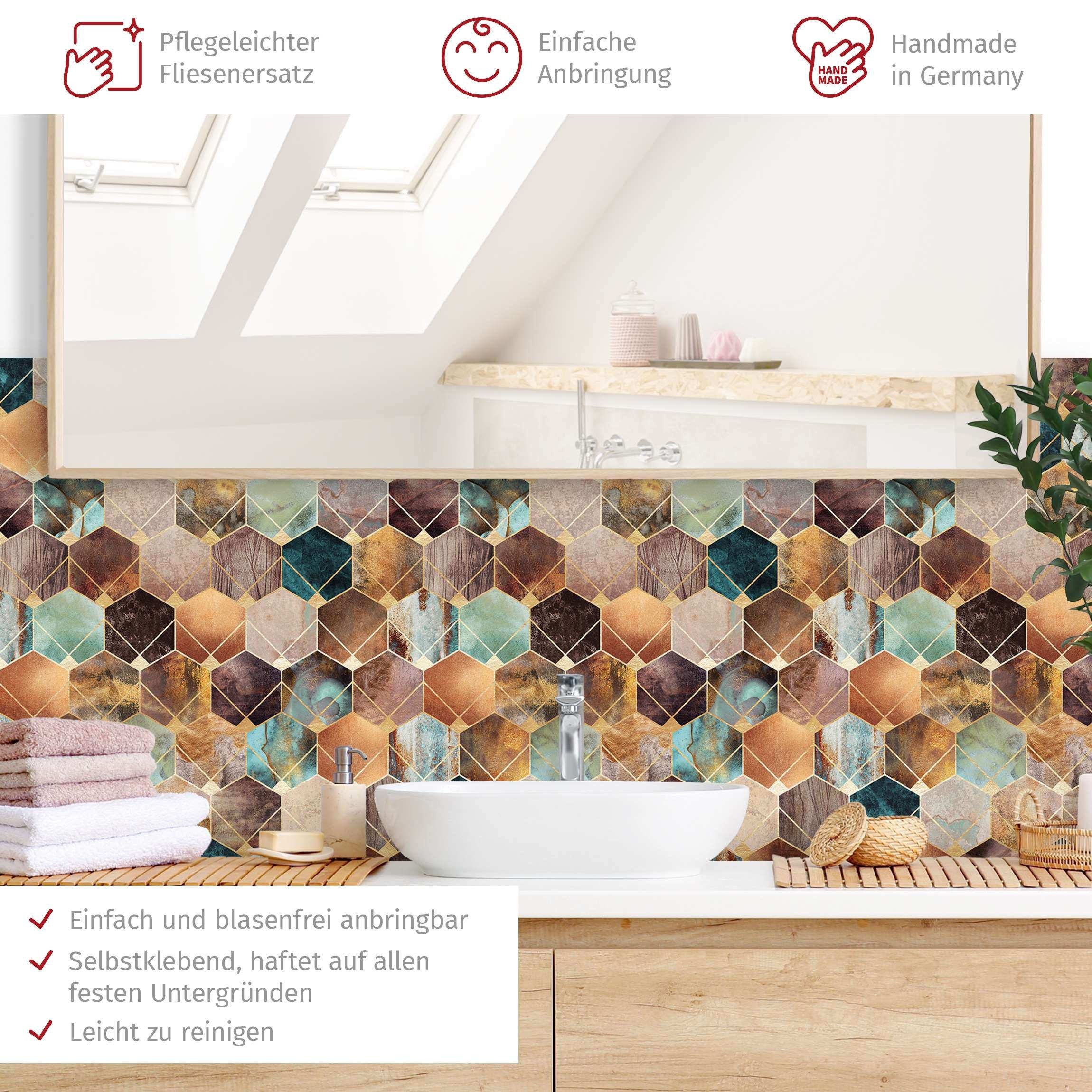Bilderdepot24 Badrückwand gold fugenlose Wandverkleidung Bad Abstrakt, (Hartfolie matt » Selbstklebend SMART 0,35 mm), wasserfestes Wandpaneel Türkise Geometrie goldenes Art Deco II