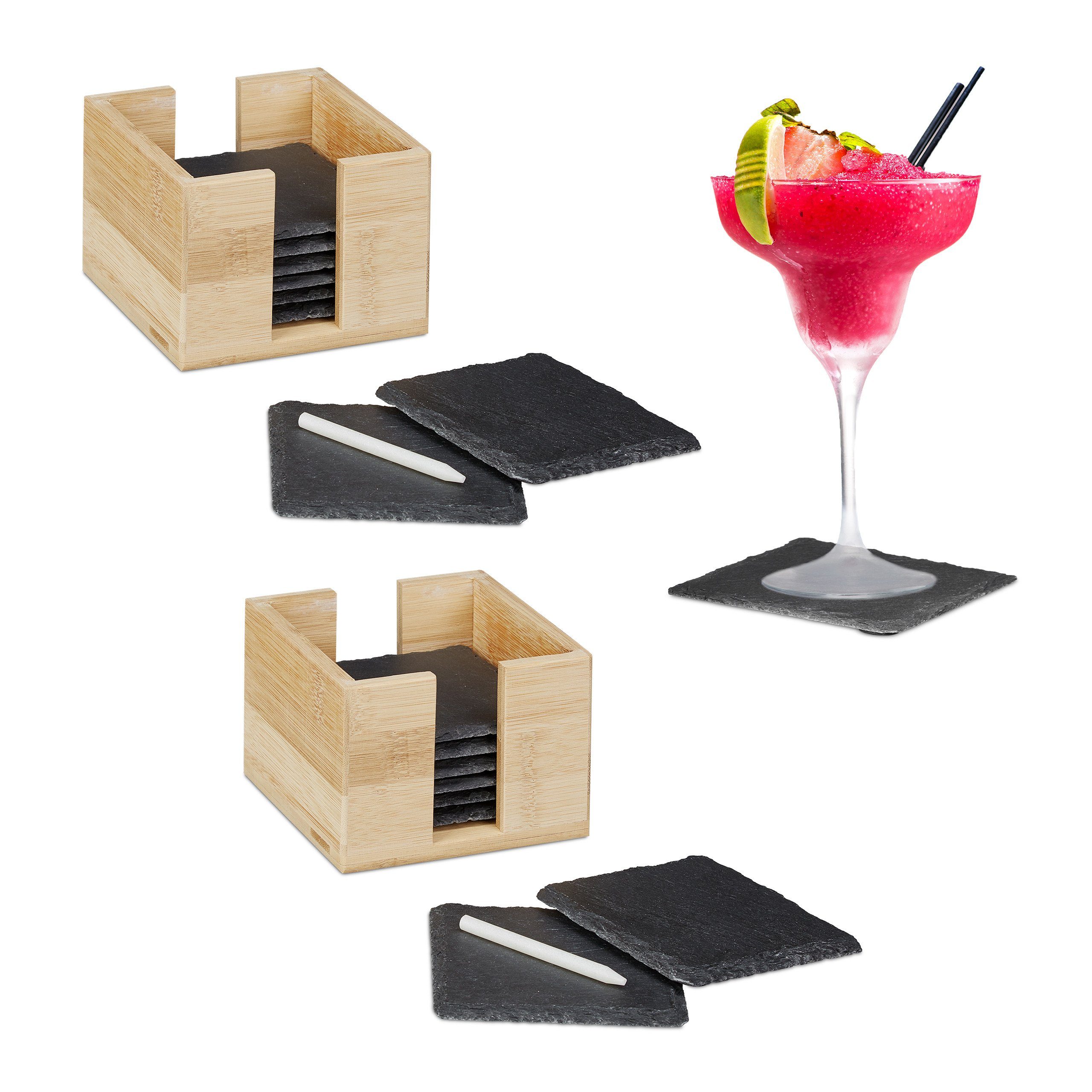 Getränkeuntersetzer 16 x Schiefer Untersetzer Bambusbox