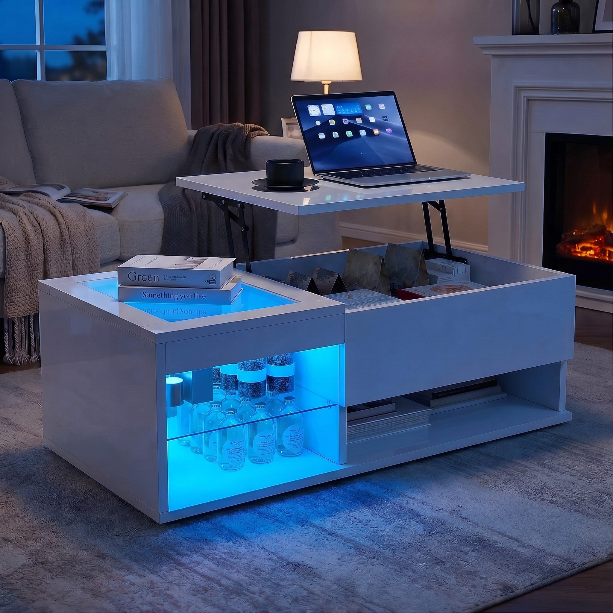 PXloue Couchtisch LED-Couchtisch mit Stauraum und modernem Design (Hochglänzender), Höhenverstellbarer LED Wohnzimmertisch Kaffeetisch Breite 100 cm