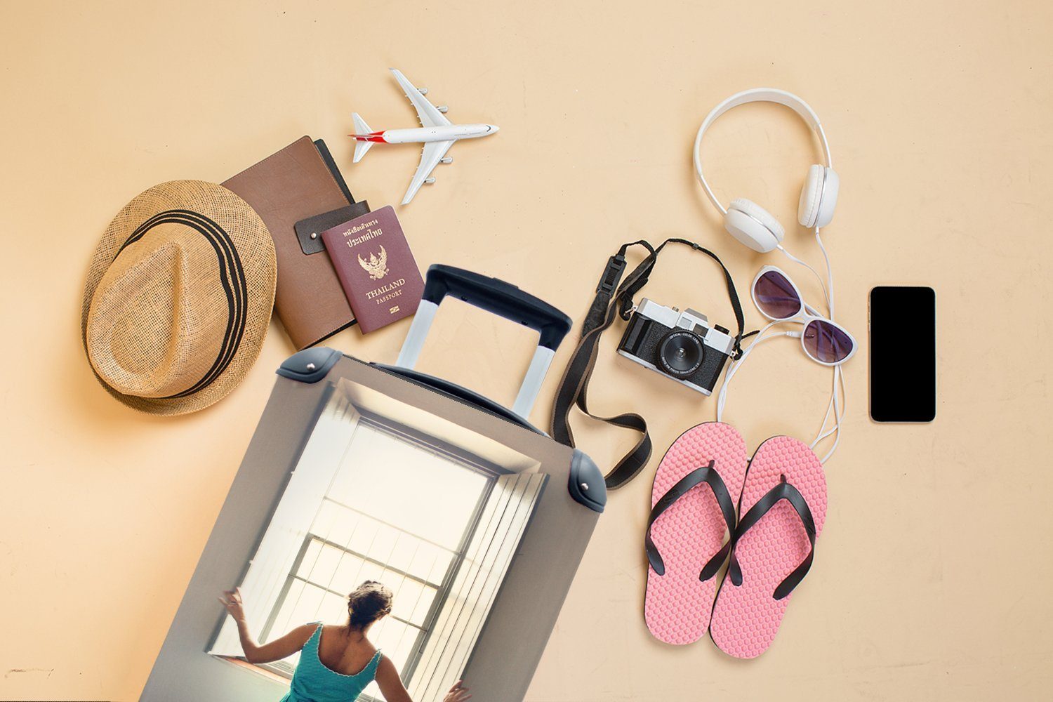 Reisekoffer Handgepäckkoffer rollen, Fenster, Trolley, MuchoWow 4 Frau für Handgepäck Ferien, öffnet Reisetasche mit Rollen,