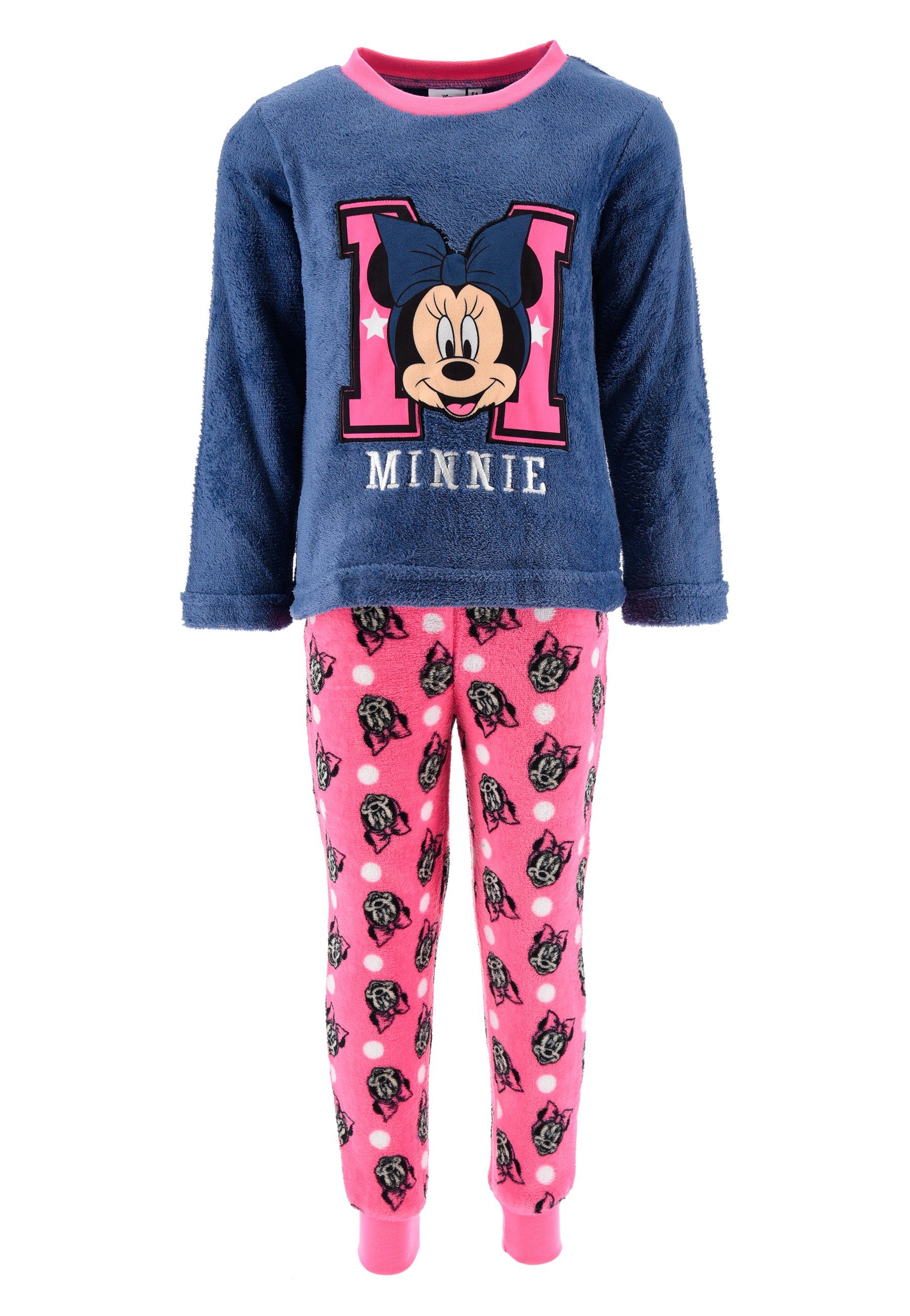 + Schlaf-Hose Maus Disney Mädchen Pyjama (2 Mouse Shirt Minnie Dunkel-Blau Langarm Schlafanzug Schlafanzug Kinder Mini tlg)