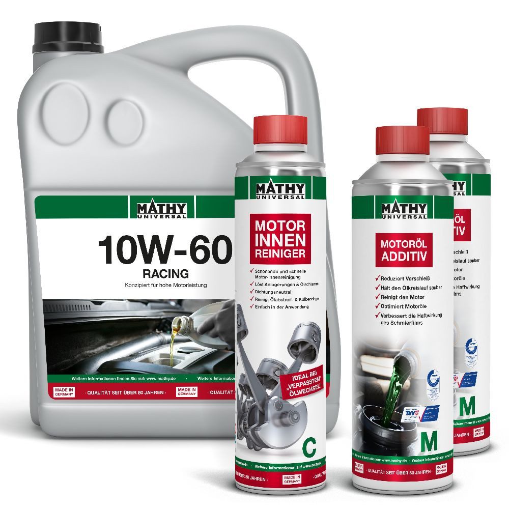 MATHY Motoröl MATHY Ölwechsel-Set Plus 10W-60 Racing 5,0 l + 2 x 500 ml + 400 ml, (Spar-Set, 5-tlg), Vollsynthetisches Motoröl + Verschleißschutz + Motorspülung