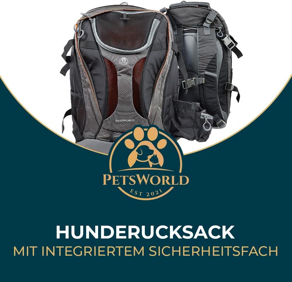 PETSWORLD EST 2021 Hunde-Transportbox Hunderucksack für Hunde bis 10 kg, flugtauglich & komfortabel, Mit Kotbeutelspender, Wassernapf & Laptopfach sicher unterwegs