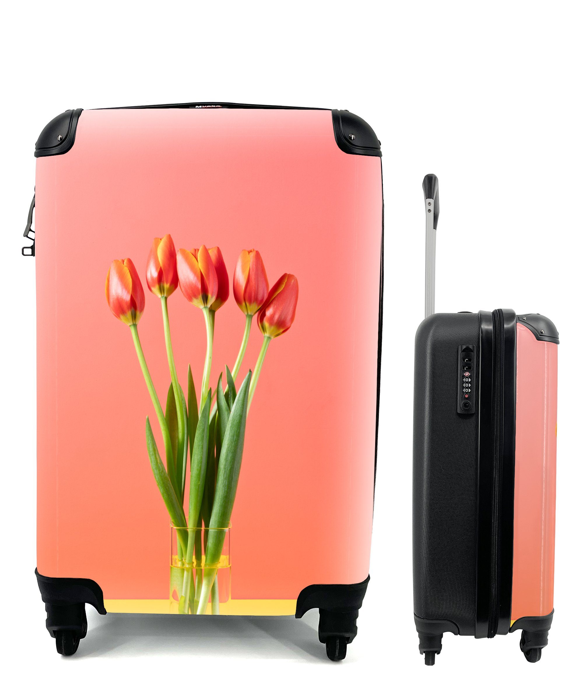 Reisetasche MuchoWow Handgepäckkoffer mit 4 Ferien, Rot, für Rollen, - Tulpenvase rollen, Reisekoffer Handgepäck Trolley,