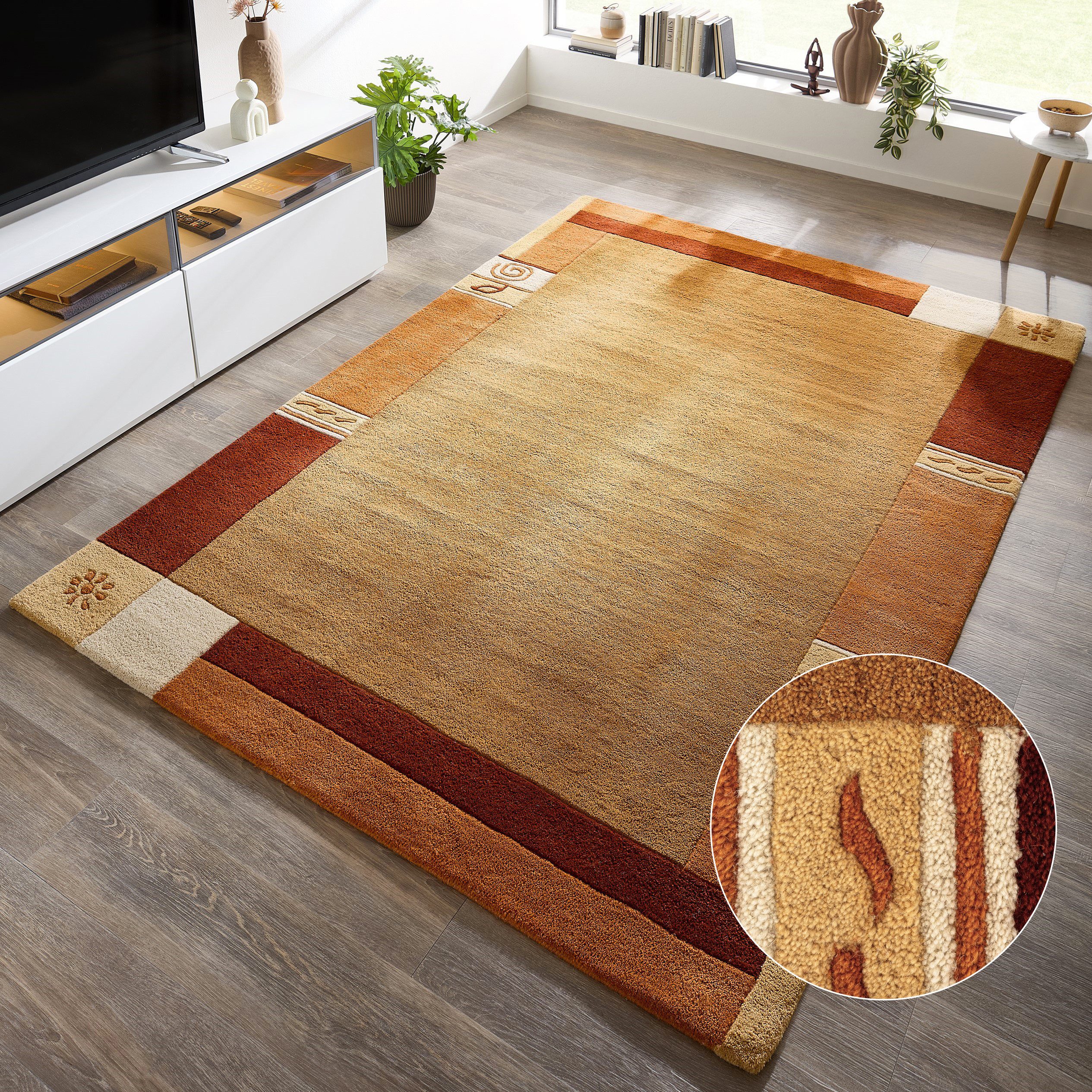 THEKO Wollteppich Tromso, Wolle, Handgefertigt, Bordüre mit Hoch-Tief-Effekt, rechteckig, Höhe: 15 mm, Wohnzimmer, Schlafzimmer, Esszimmer