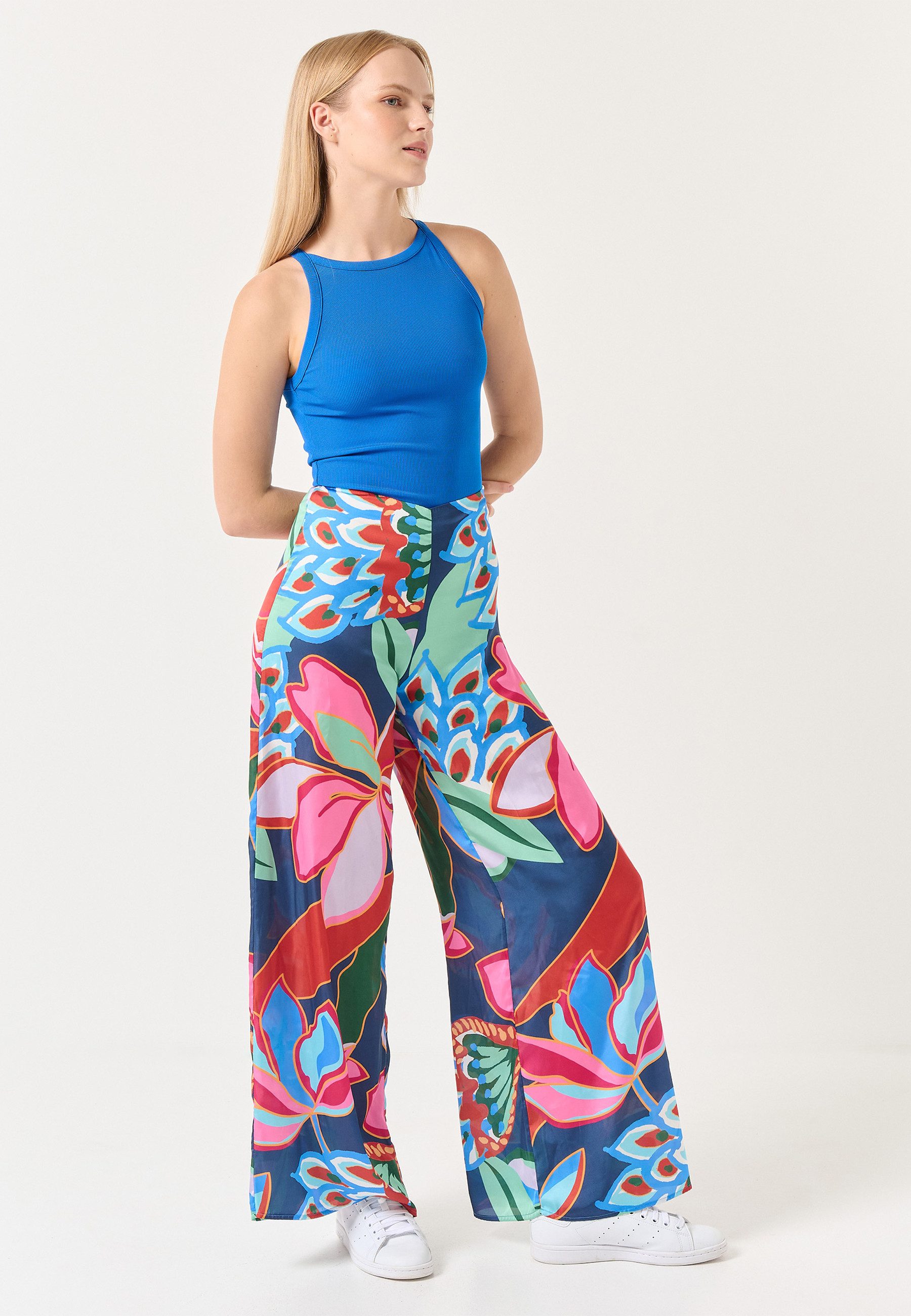 Jimmy Key Schlaghose Hohe Taille Weites Bein Blumen Satinhose