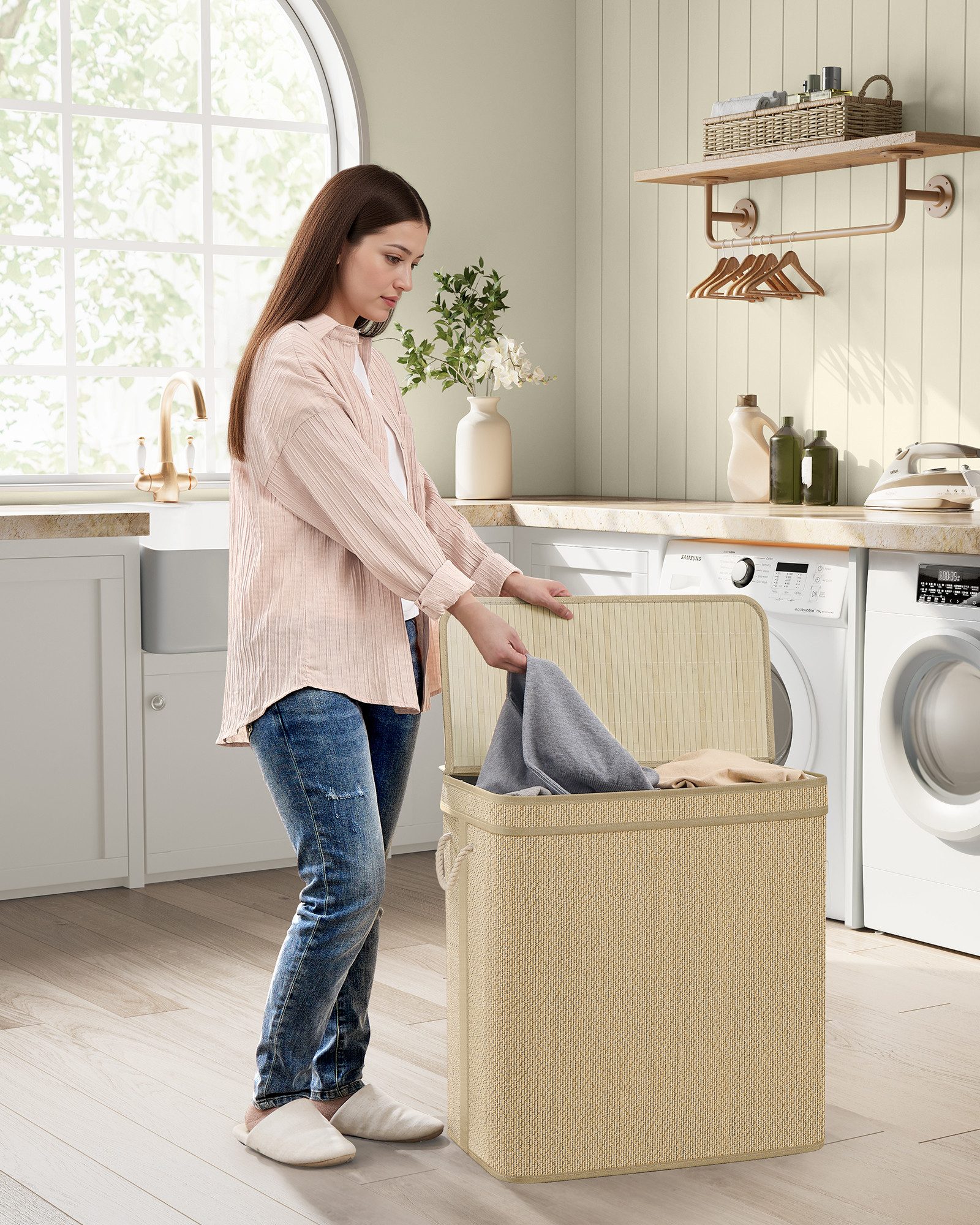 SONGMICS Wäschekorb, 2 Fächer,130 Liter,maschinenwaschbarer Wäschesack, nat günstig online kaufen
