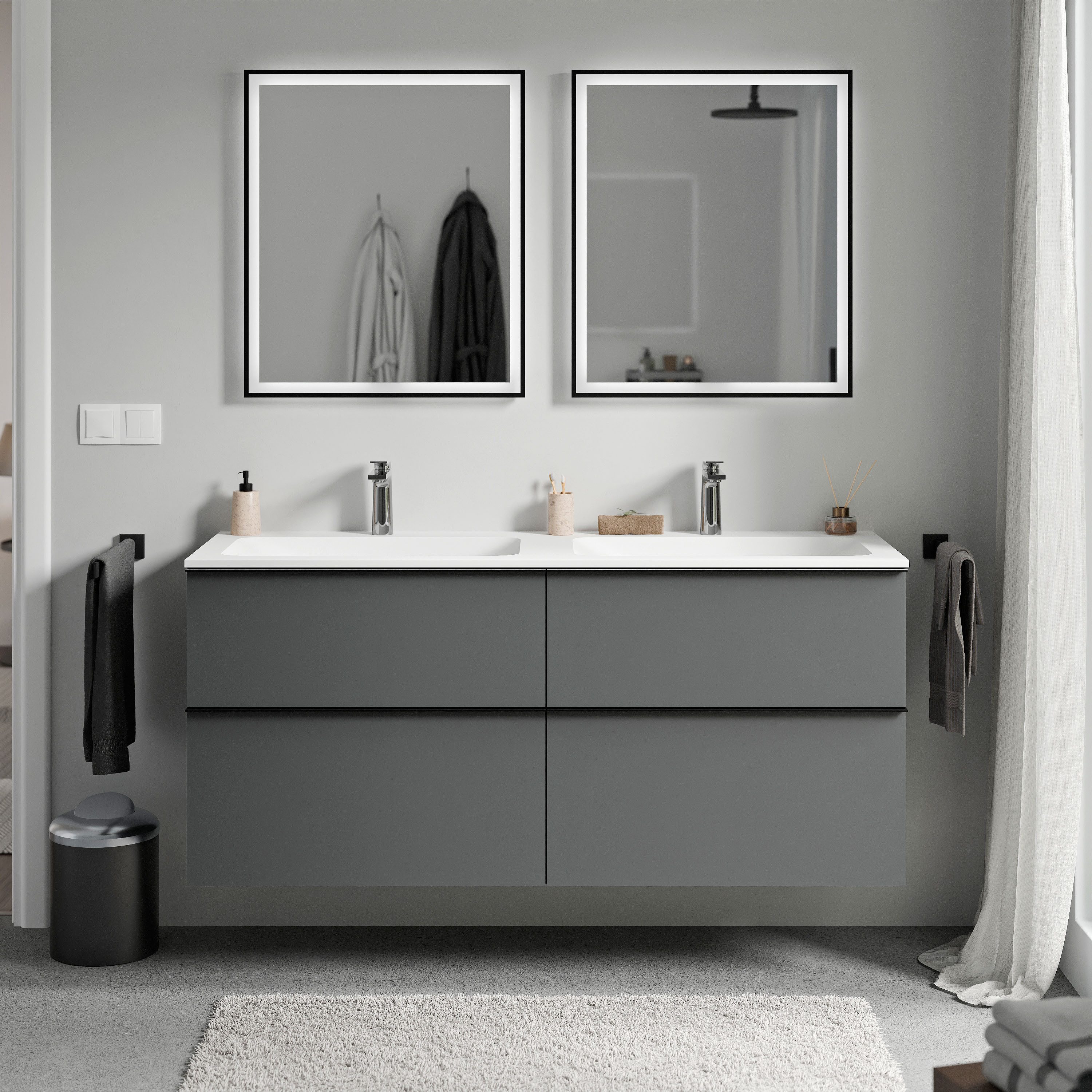 Bernstein Waschbeckenunterschrank LAVOA Set 120cm Anthrazit inkl Becken CREAM Weiß mit Hahnloch Set 120cm Anthrazit mit Waschbecken CREAM Weiß Griff Anthrazit