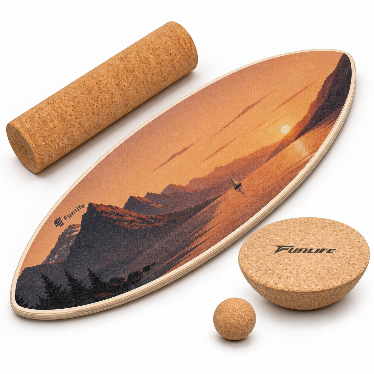 FunLife Balanceboard Design-Edition – einzeln, mit Fitnessbändern oder Balance-Zubehör, Wackelbrett aus Birkenholz mit Korkrolle, bis 150 kg belastbar