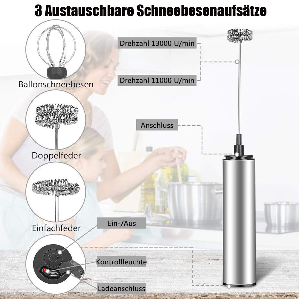 TUWENA Milchaufschäumer Elektrischer Milchaufschäumer USB, Edelstahl Handmixer mit 3 Aufsätzen, Mixer Edelstahl für Kaffee, Creme, Cappuccino, Latte, Cocktails, Saft