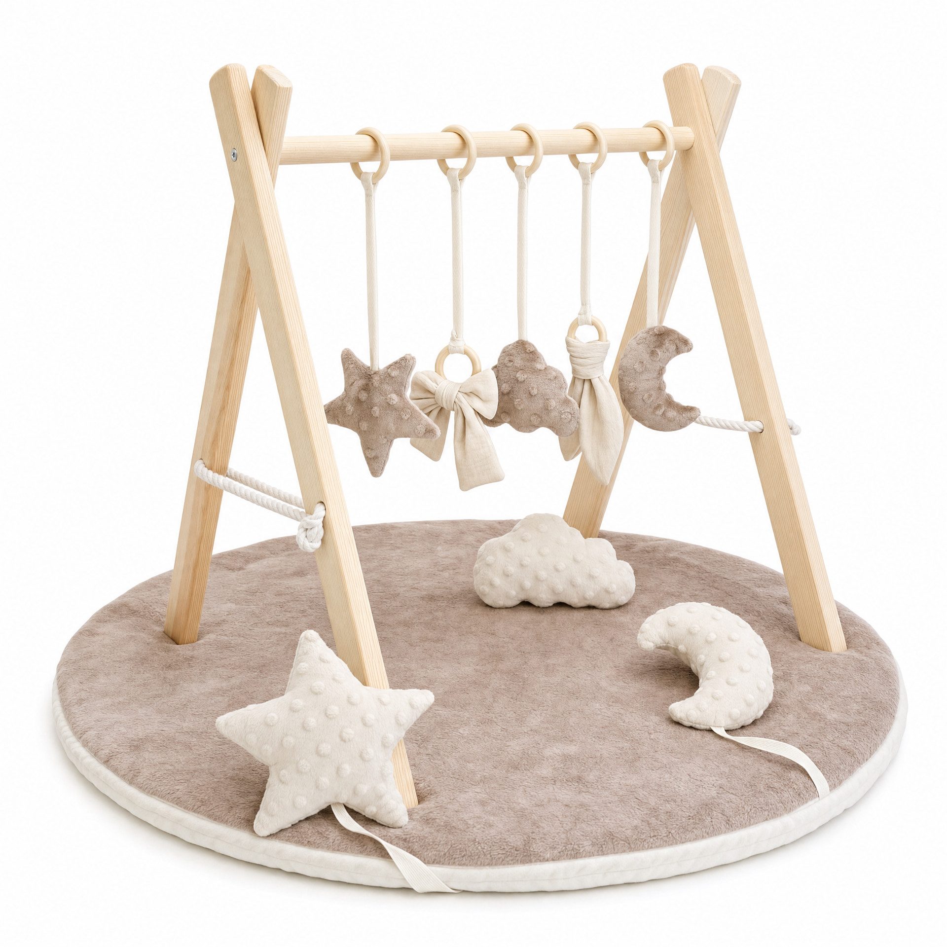 LuMali Baby Gym Holz Spielbogen klappbar 5 Spielzeuge Matte 41x58x49cm Naturholz, (5 sensorische Anhänger 2 Baumwollschnüre Montageset), Spieltrapez Neugeborene sensorisch Spielmatte 78cm wendbar ab Geburt