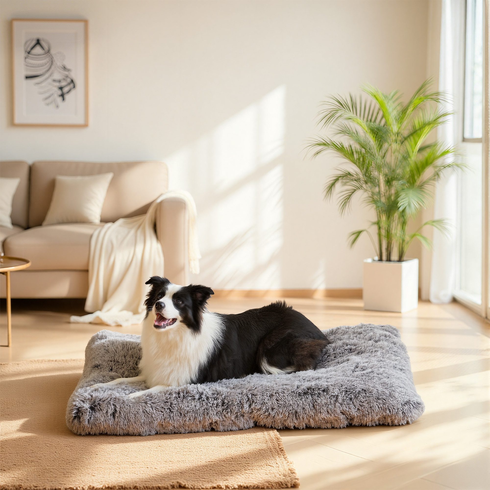 FEANDREA Hundebett Hundekissen, flauschige Hundematte, 105 x 68 cm, Ombré-Grau, langer Plüsch, weiche Polsterung, waschbar, multifunktional