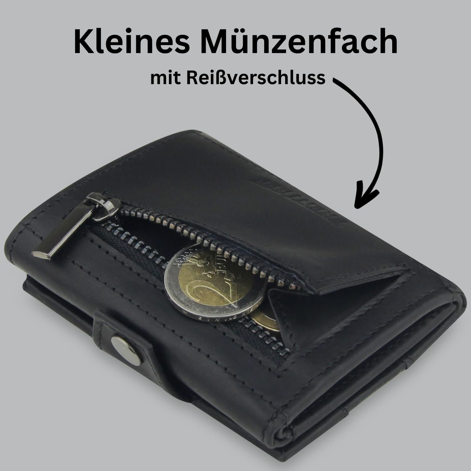 Frentree Mini Geldbörse mit echtem - Echtleder Schwarz Klein Slim Münzfach - Kartenetui - Geldbeutel RFID-Schutz Wallet Leder mit Glattleder Mini, aus Portemonnaie Geldbörse