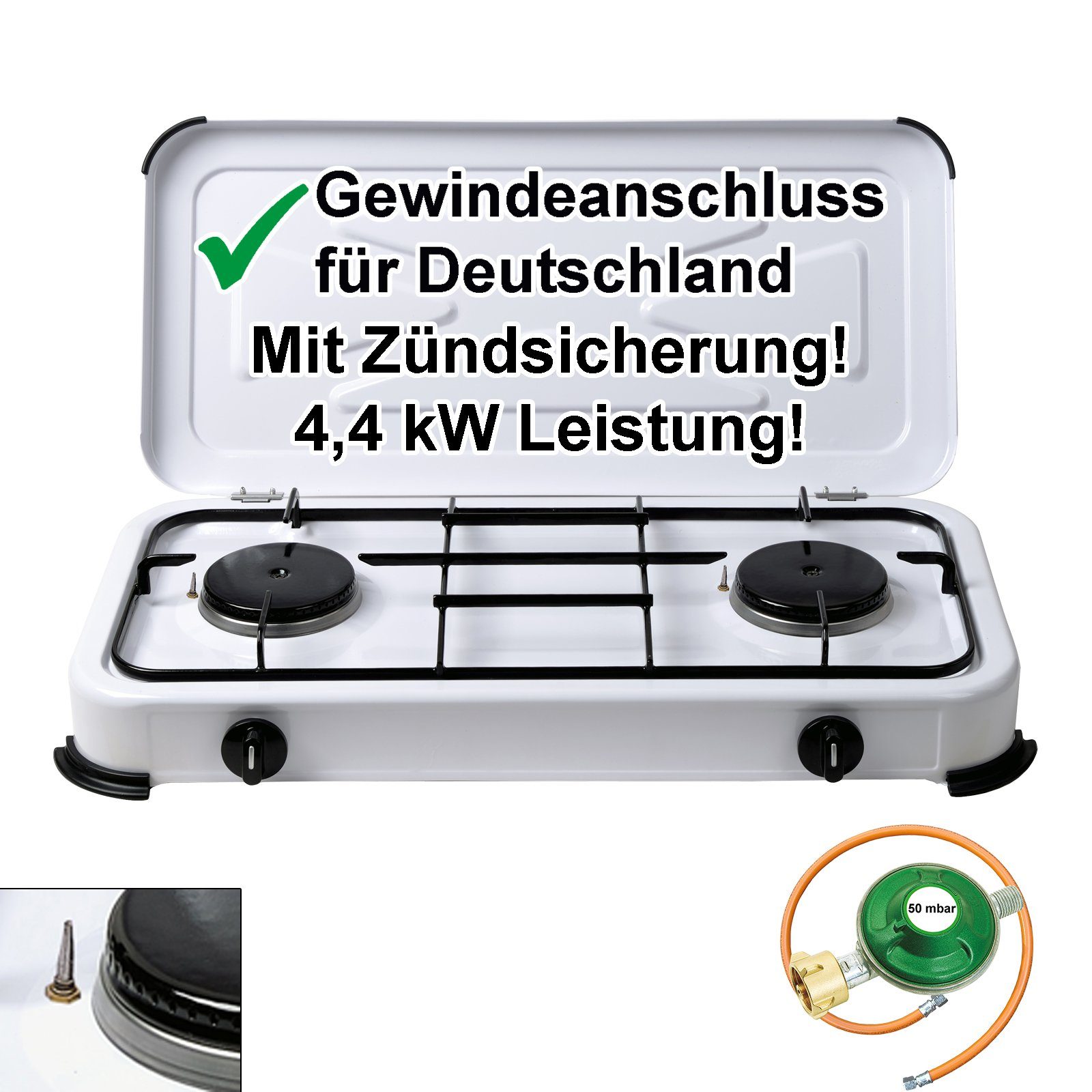 Gaskocher 2 flammig mit Zündsicherung 50mbar Propan Gas Campingkocher 4,4 kW