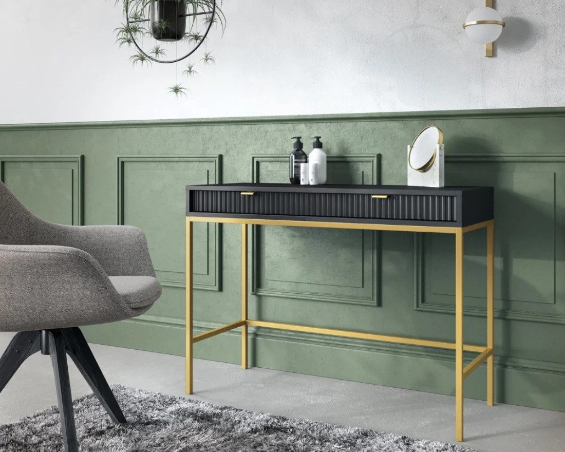 Deine Möbel 24 Schminktisch NOVO T104 Hochkommode Weiß Grau Schwarz Premium (Set, 2-St., Wohnzimmer Flur Schlafzimmer Goldene Griffe), geriffelte Fronten 104 cm breit mit 2 Schubladen