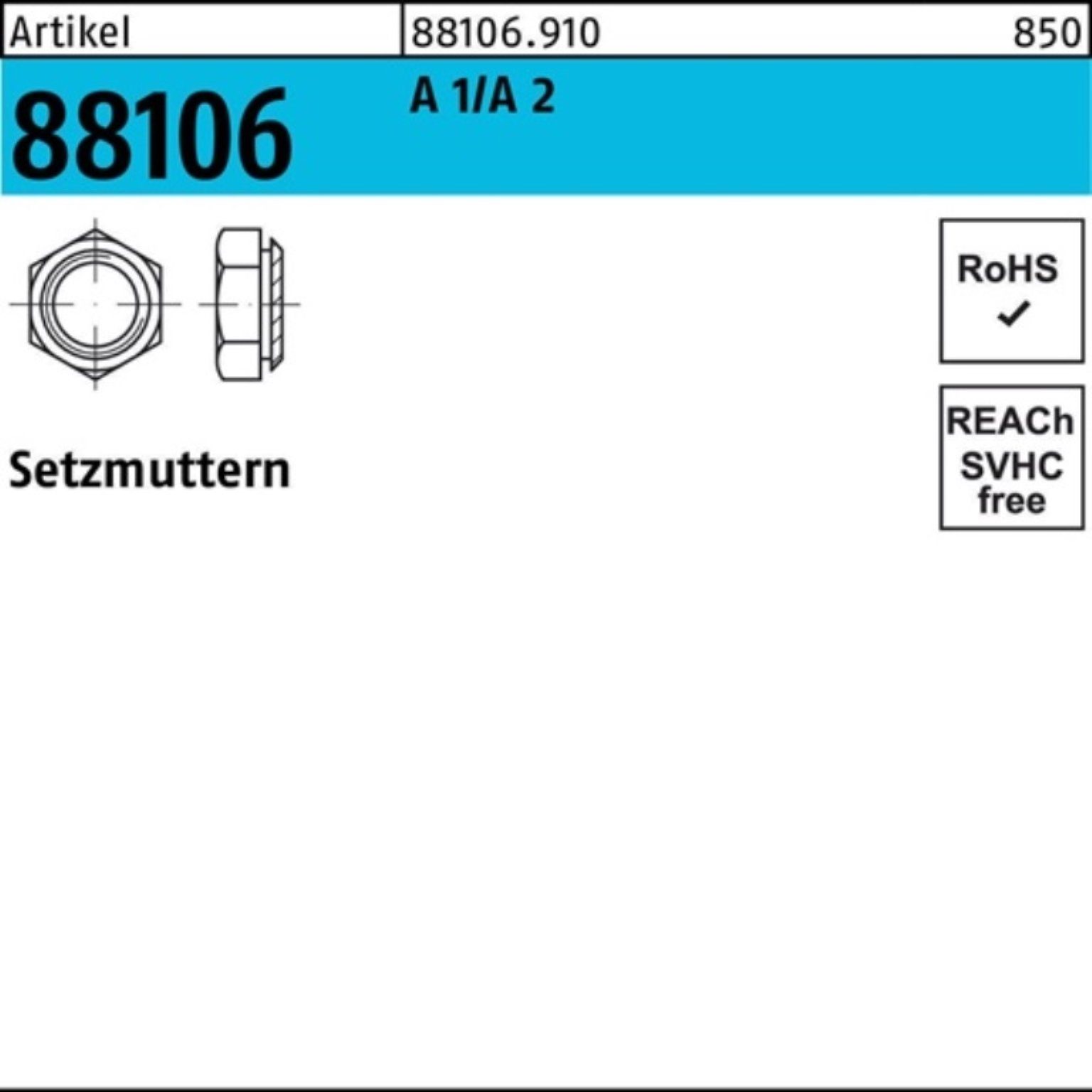 Setzmutter 100er Pack 881069100120000 Setzmutter R 88106 M 12 / 2,9 A 1/A 2