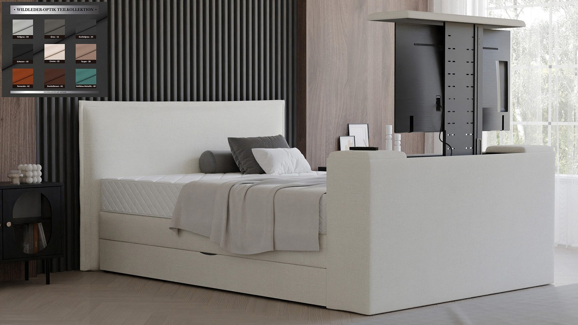 PAARA Boxspringbett mit TV Lift und Bettkasten inkl. Matratze mit integrierten Topper, mit einzigartigem Belüftungssystem
