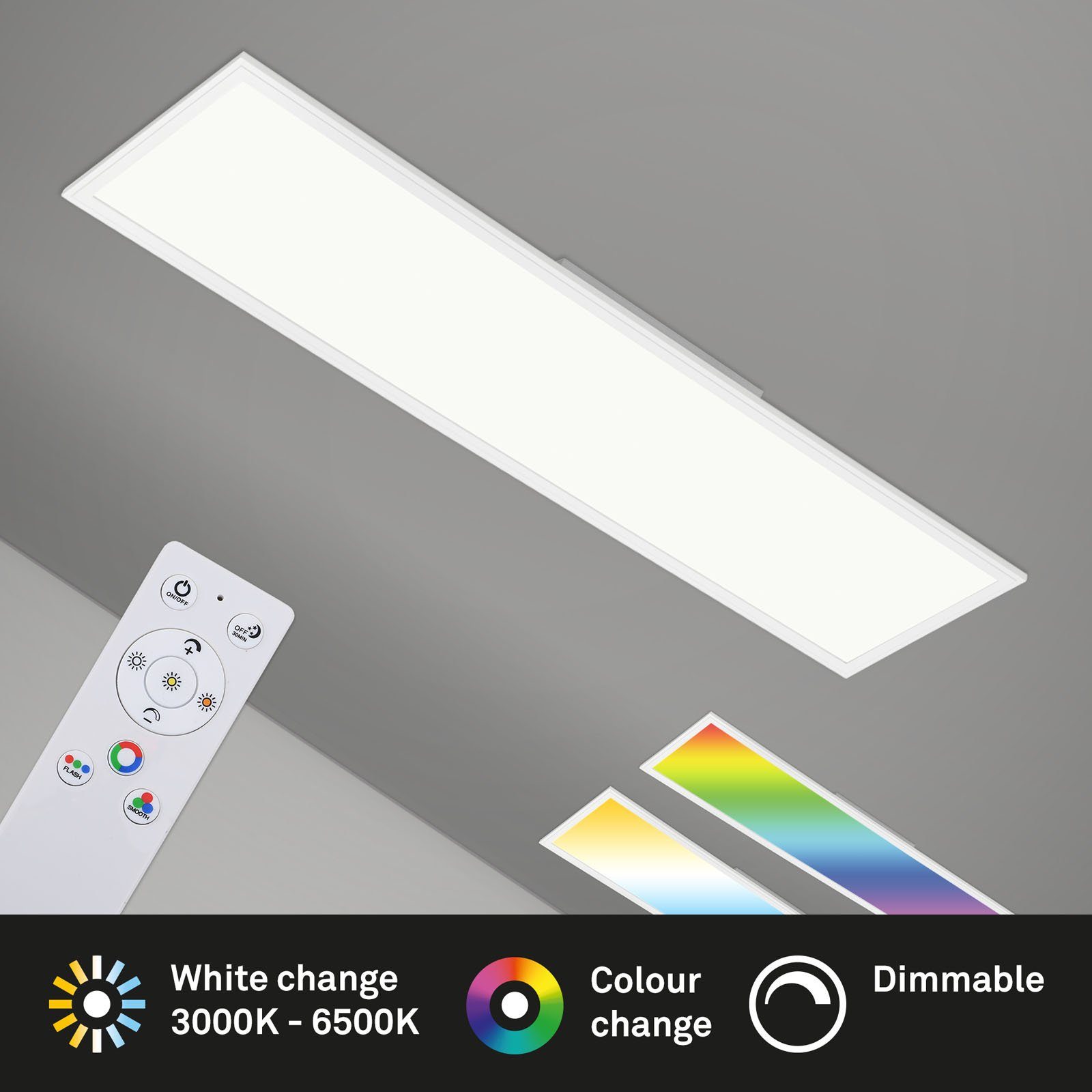 Briloner Leuchten LED Panel 7154-016, CCT Farbtemperatursteuerung,  Fernbedienung, dimmbar, ultraflach, Nachtlicht, Timer, Speicherfunktion, LED  fest verbaut, Farbwechsler, Kaltweiß, Neutralweiß, Tageslichtweiß, Warmweiß,  Deckenlampe, 119,6x29,6x6,5cm