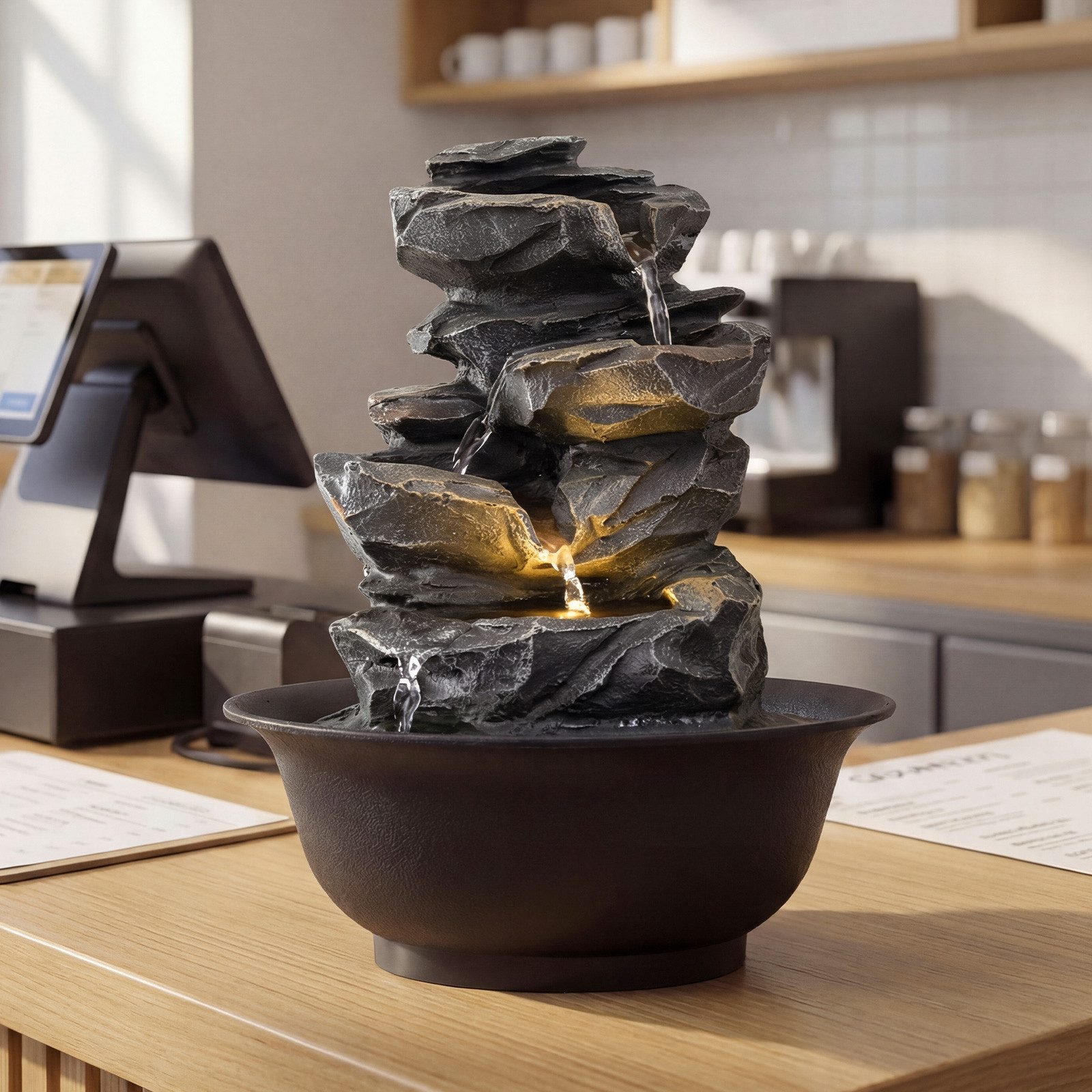 COSTWAY Zimmerbrunnen, Wasserbecken BxT: 21.5x21.5 cm, Tischbrunnen mit LED Beleuchtung & Pumpe