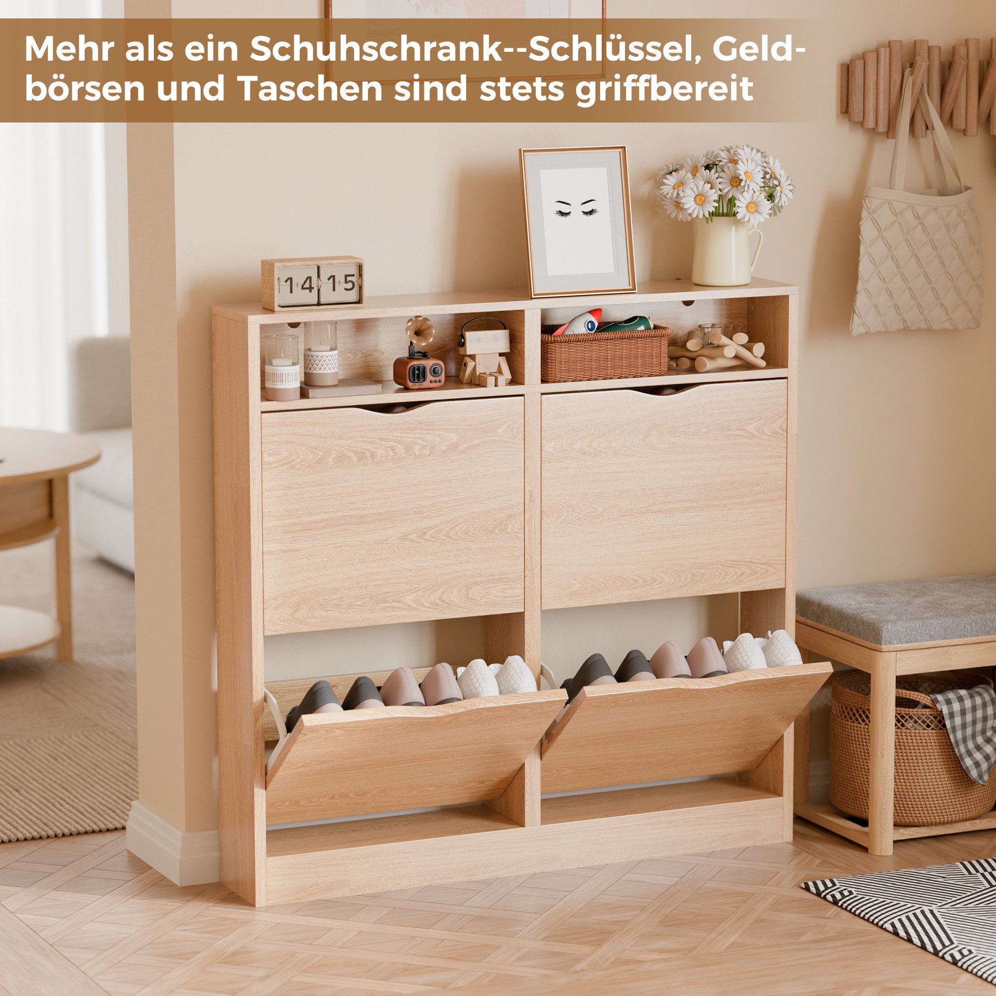 ELUCHANG Schuhschrank Schmal mit 4 Klappen Platzsparender (1-St) 100×17×100cm, braun – Bild 3 von 4