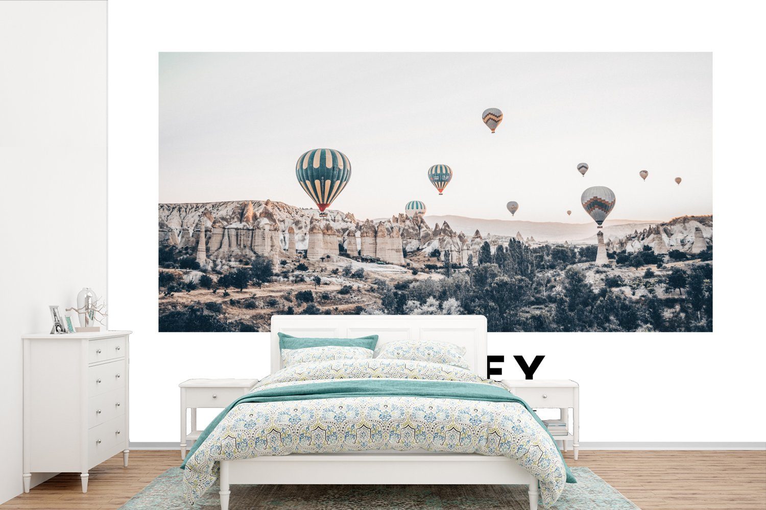 MuchoWow Fototapete Türkei - Kappadokien - Heißluftballon - Berge, Matt, bedruckt, (6 St), Wallpaper für Wohnzimmer, Schlafzimmer, Kinderzimmer, Vinyl Tapete