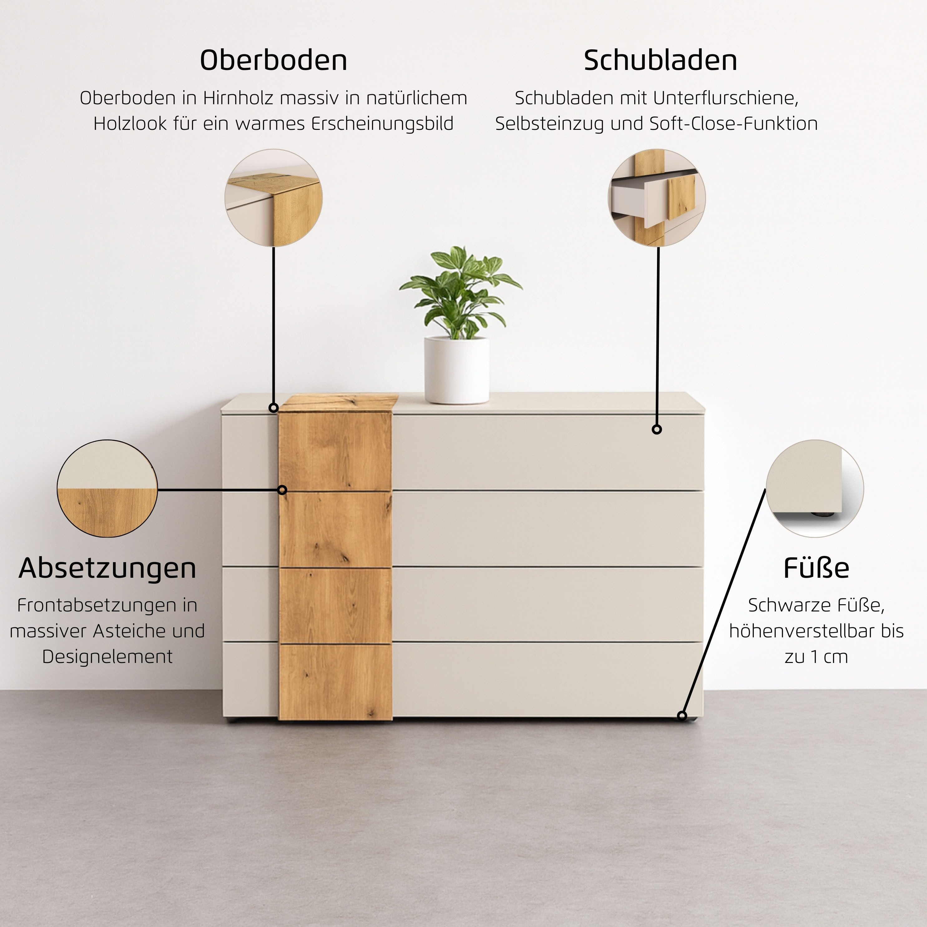 rauch Schubkastenkommode Sideboard Kommode Schubladenkommode KONA (Breite 120 cm, Höhe 81 cm), Absetzung Asteiche massiv, inkl. SOFT-CLOSE-FUNKTION MADE IN GERMANY