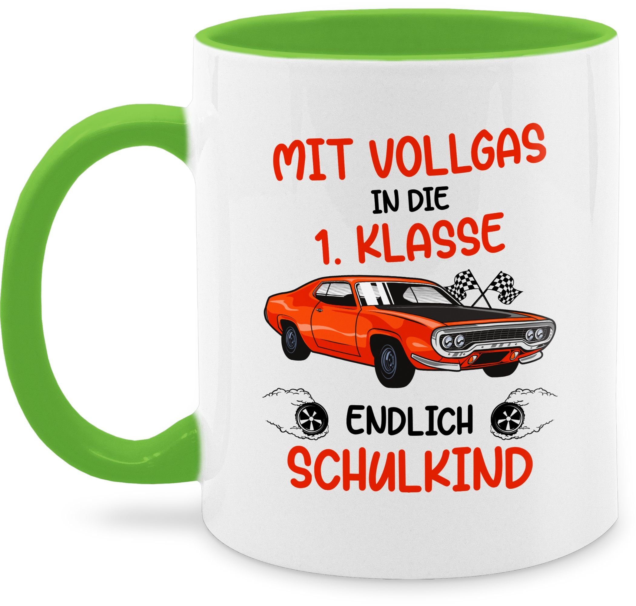 Shirtracer Tasse Mit Vollgas in die 1. Klasse Endlich Schulkind - Auto Rennauto, Keramik, Einschulung Geschenk Tasse 1 Hellgrün